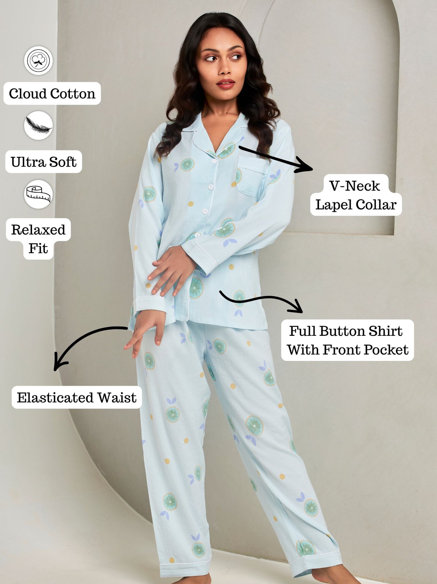 Blue Printed Full-Sleeves Loungewear Set For Women