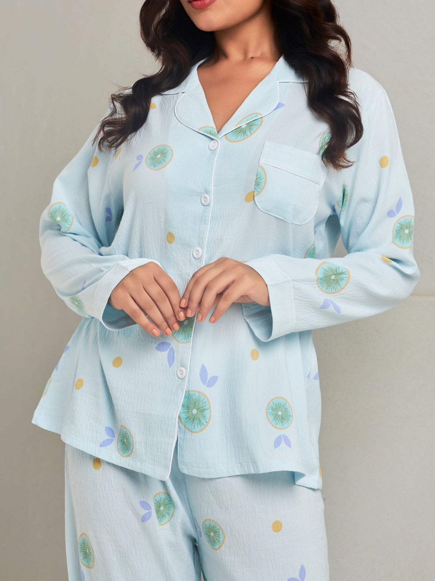 Blue Printed Full-Sleeves Loungewear Set For Women