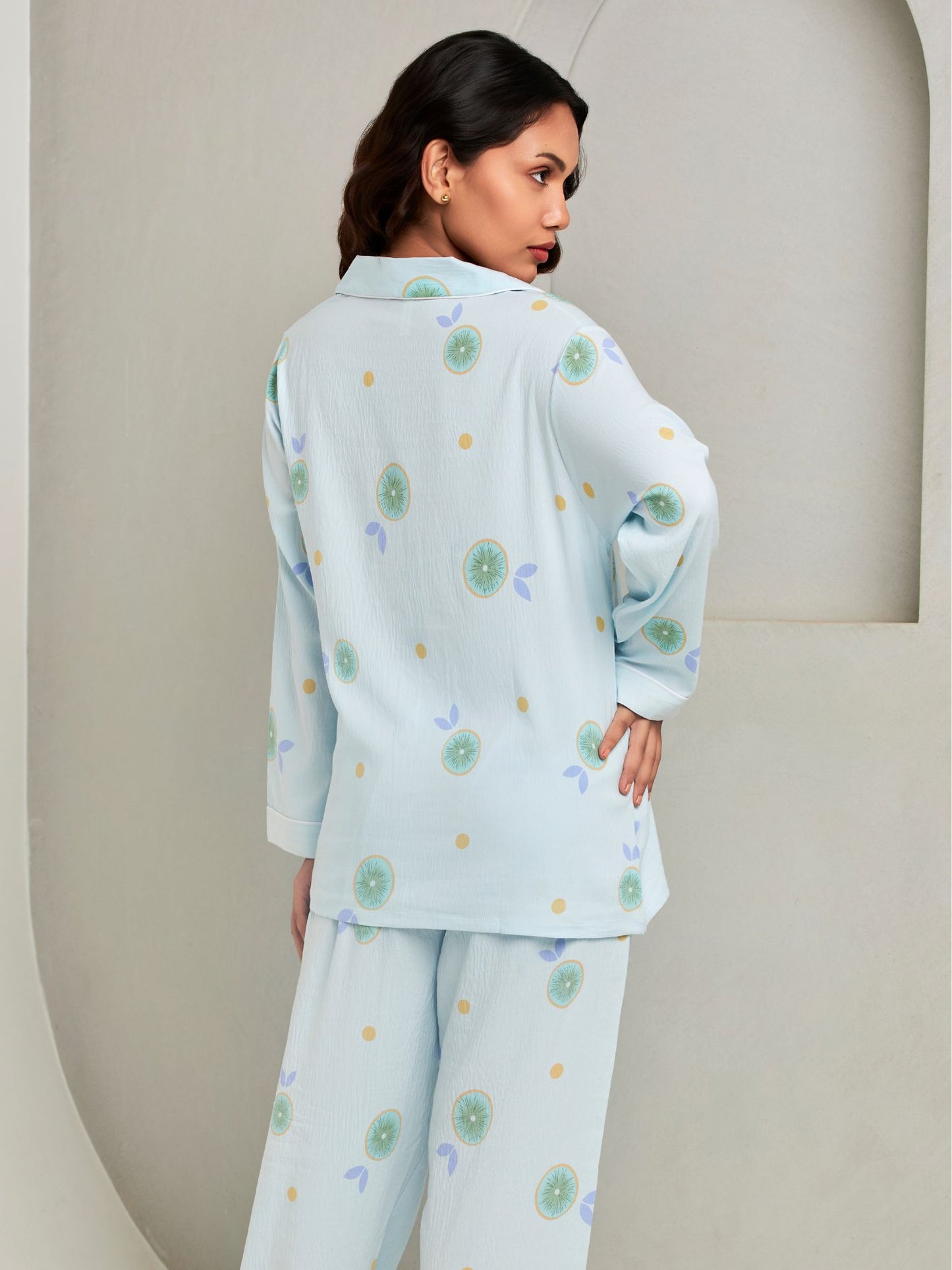 Blue Printed Full-Sleeves Loungewear Set For Women