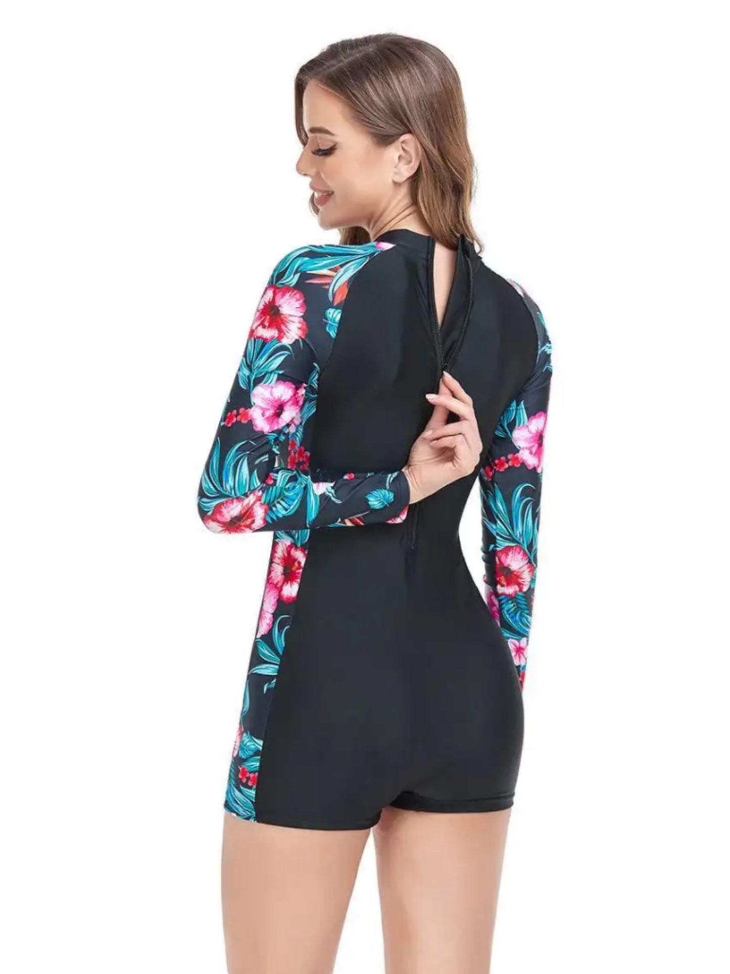 Addery Women's Floral Print Long Sleeve One-Piece Swimsuit
