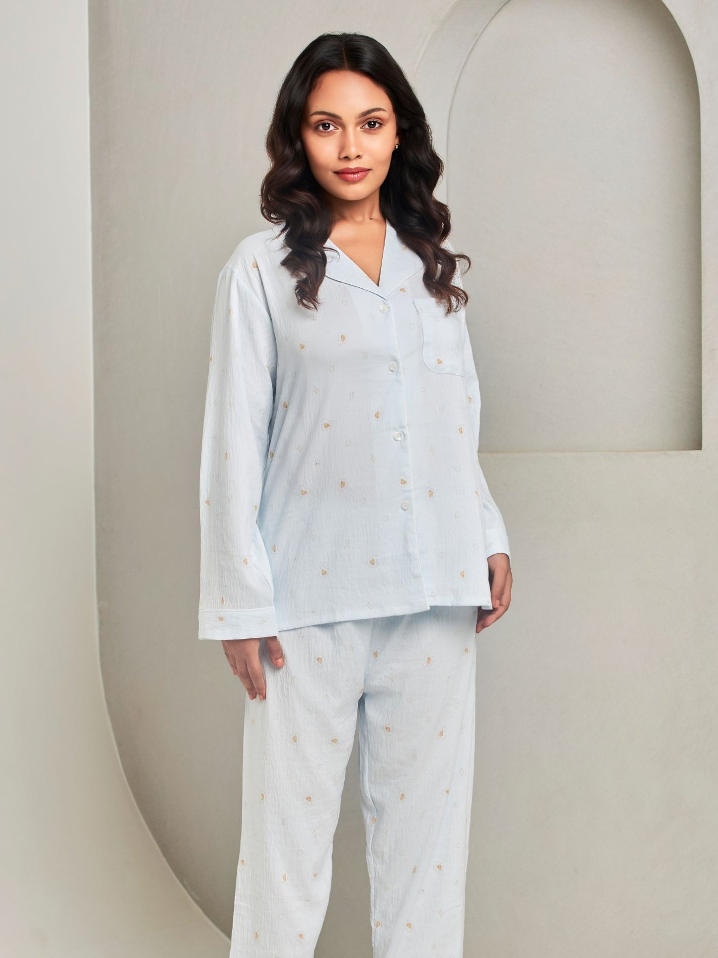 Blue Printed Pyjama Set For Women