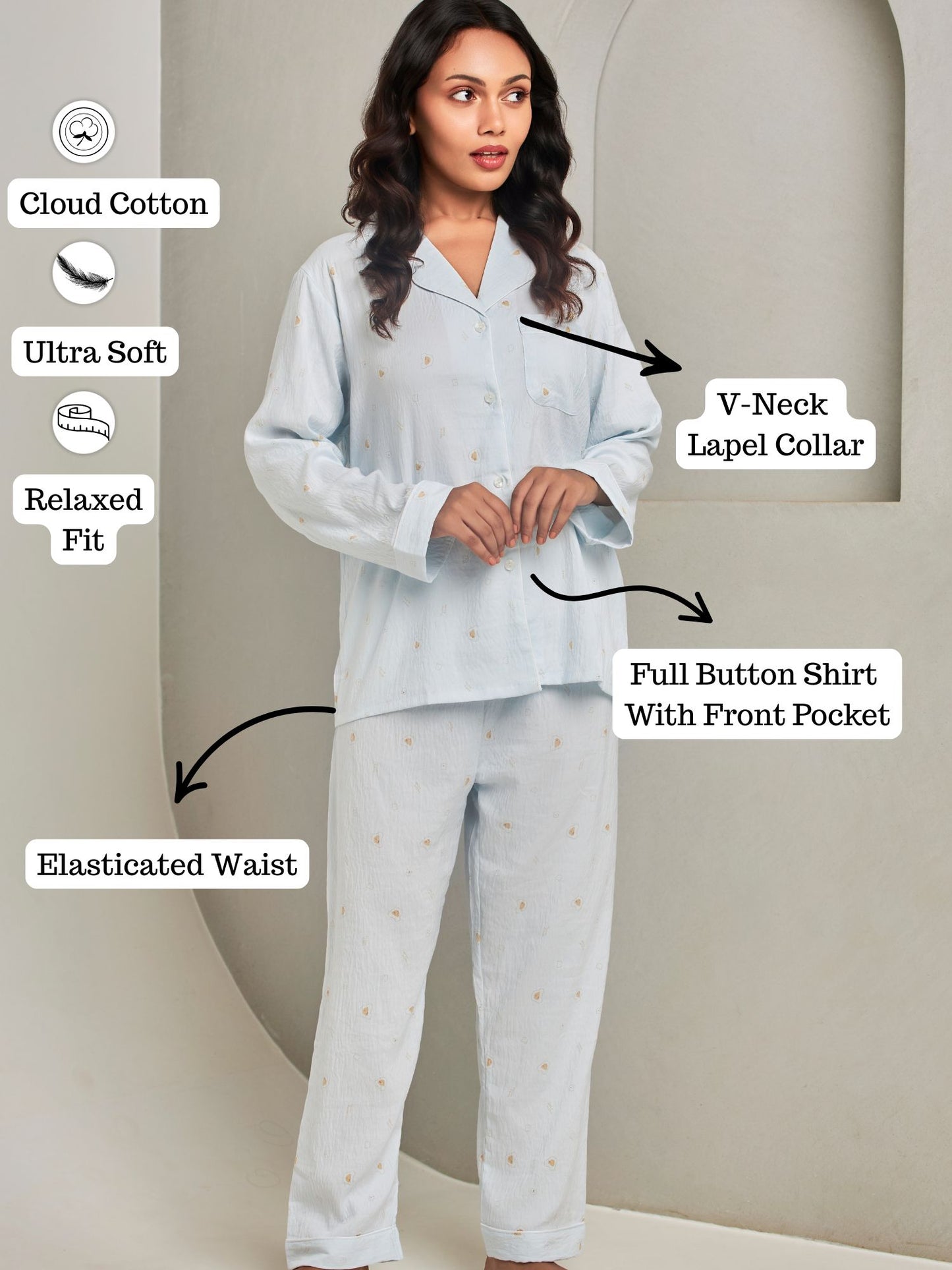 Blue Printed Pyjama Set For Women
