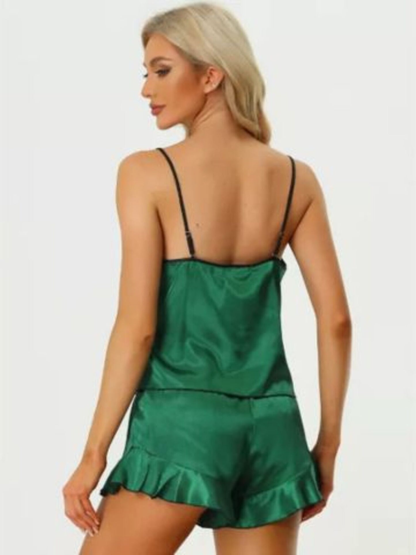 Green Satin Cami Top and Ruffled Short