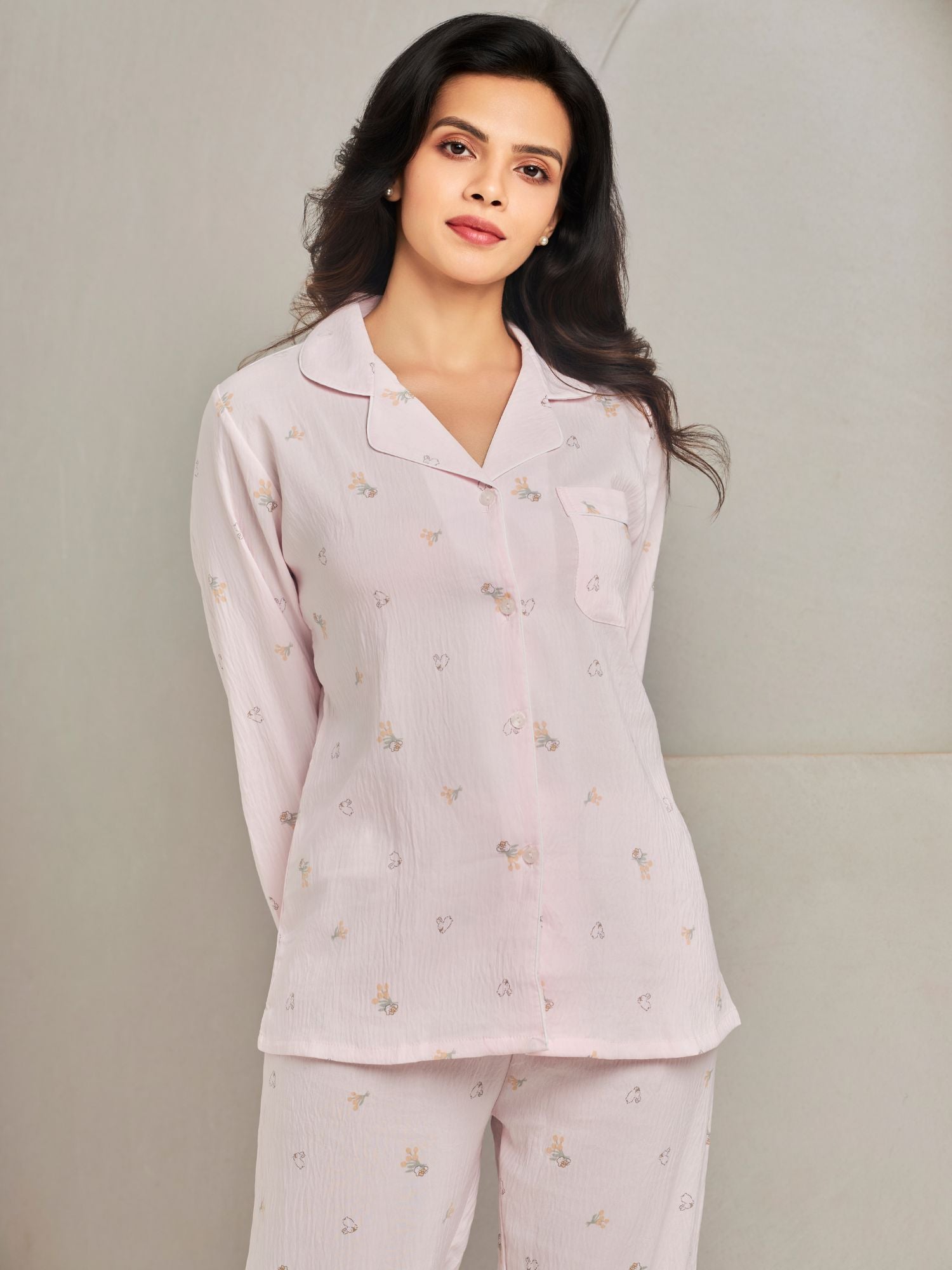 Pink Cotton Pajama Set For Women - Main Image