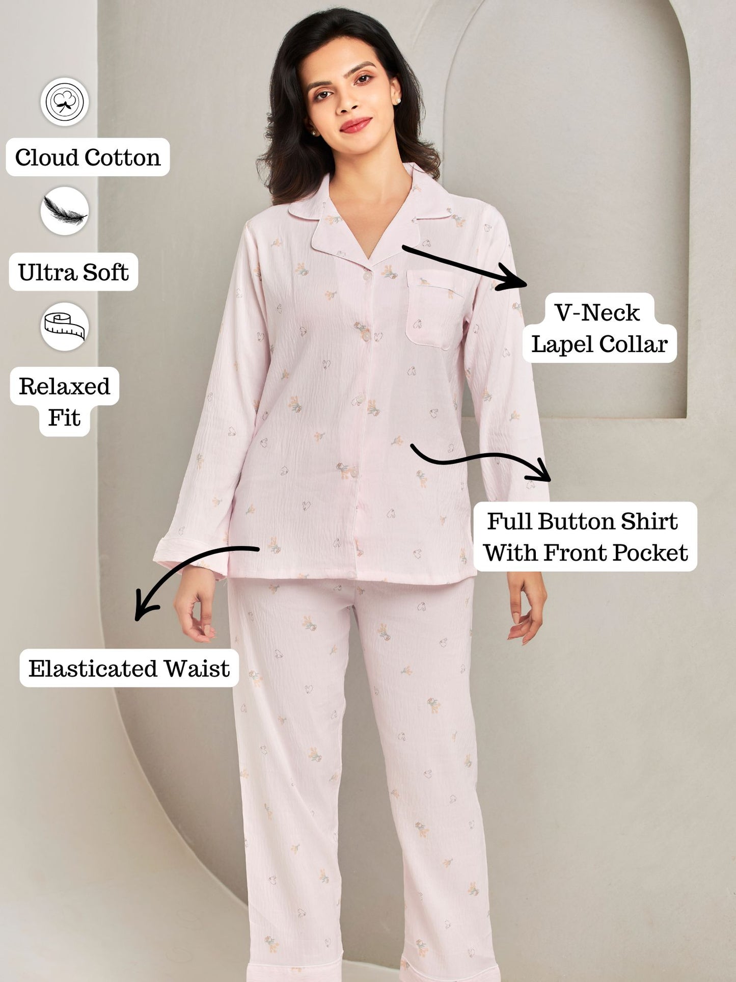 Pink Cotton Pajama Set For Women