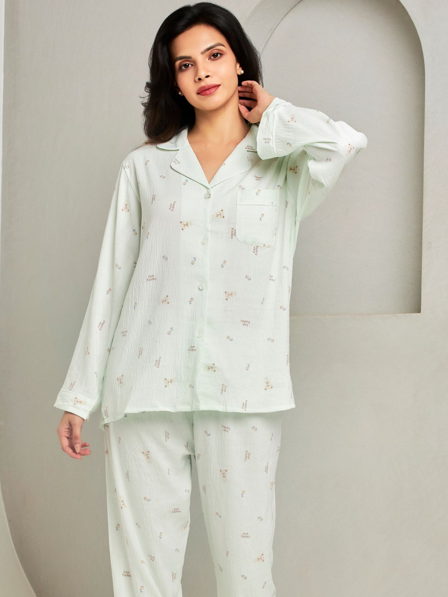 Green Printed Full-Sleeves Sleepwear Set For Women