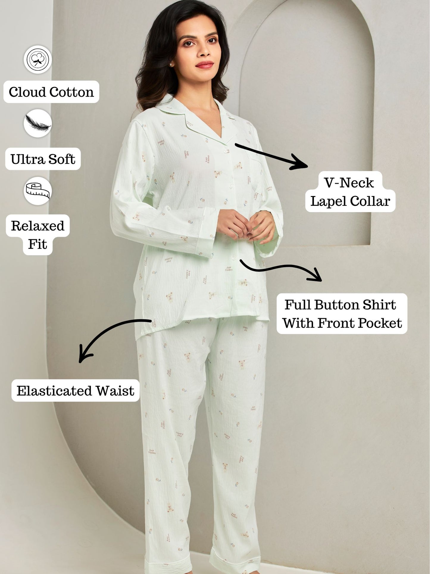 Green Printed Full-Sleeves Sleepwear Set For Women