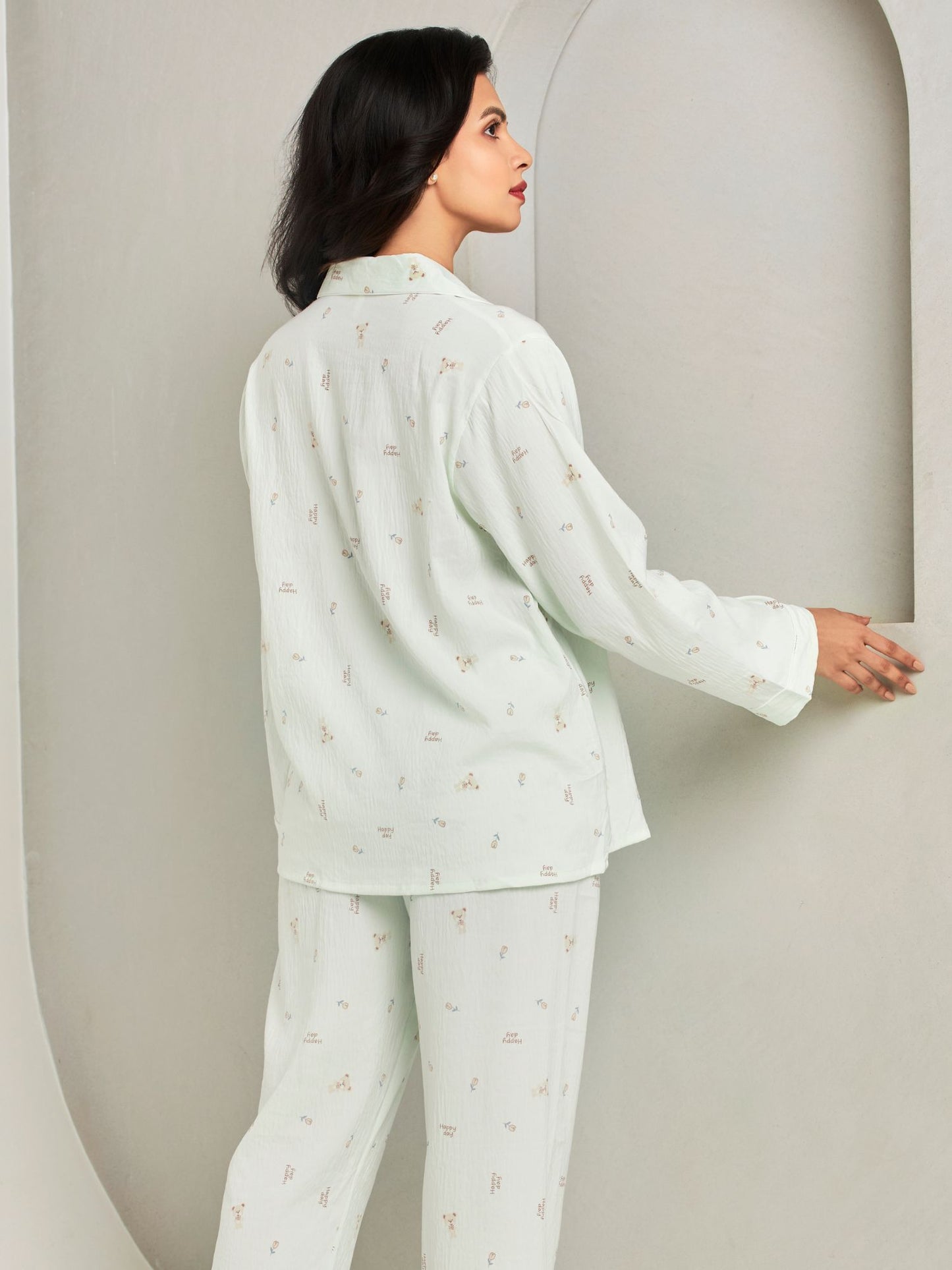 Green Printed Full-Sleeves Sleepwear Set For Women