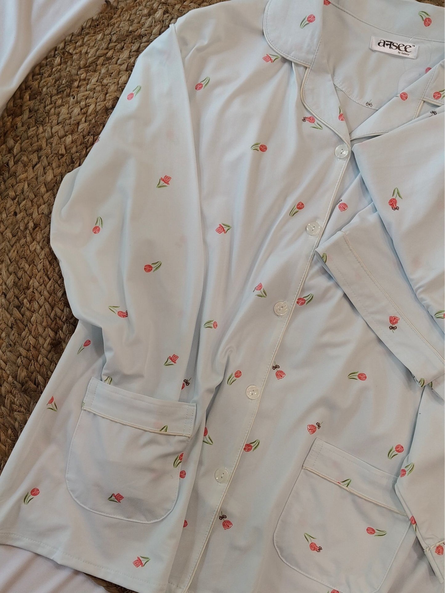 Blue Plus Size Floral Soft Cotton Sleepwear Set