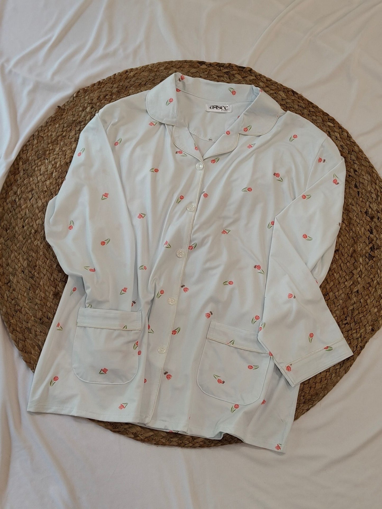Blue Plus Size Floral Soft Cotton Sleepwear Set