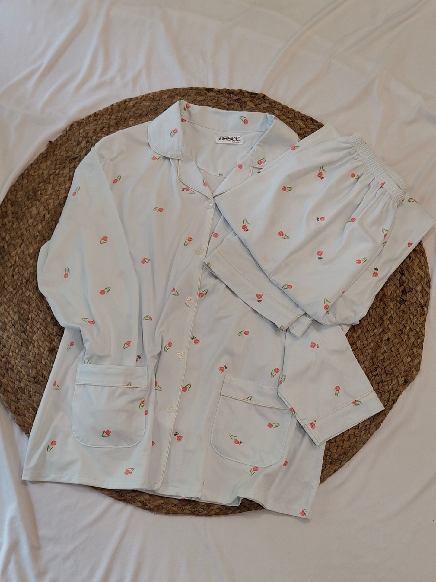 Blue Plus Size Floral Soft Cotton Sleepwear Set
