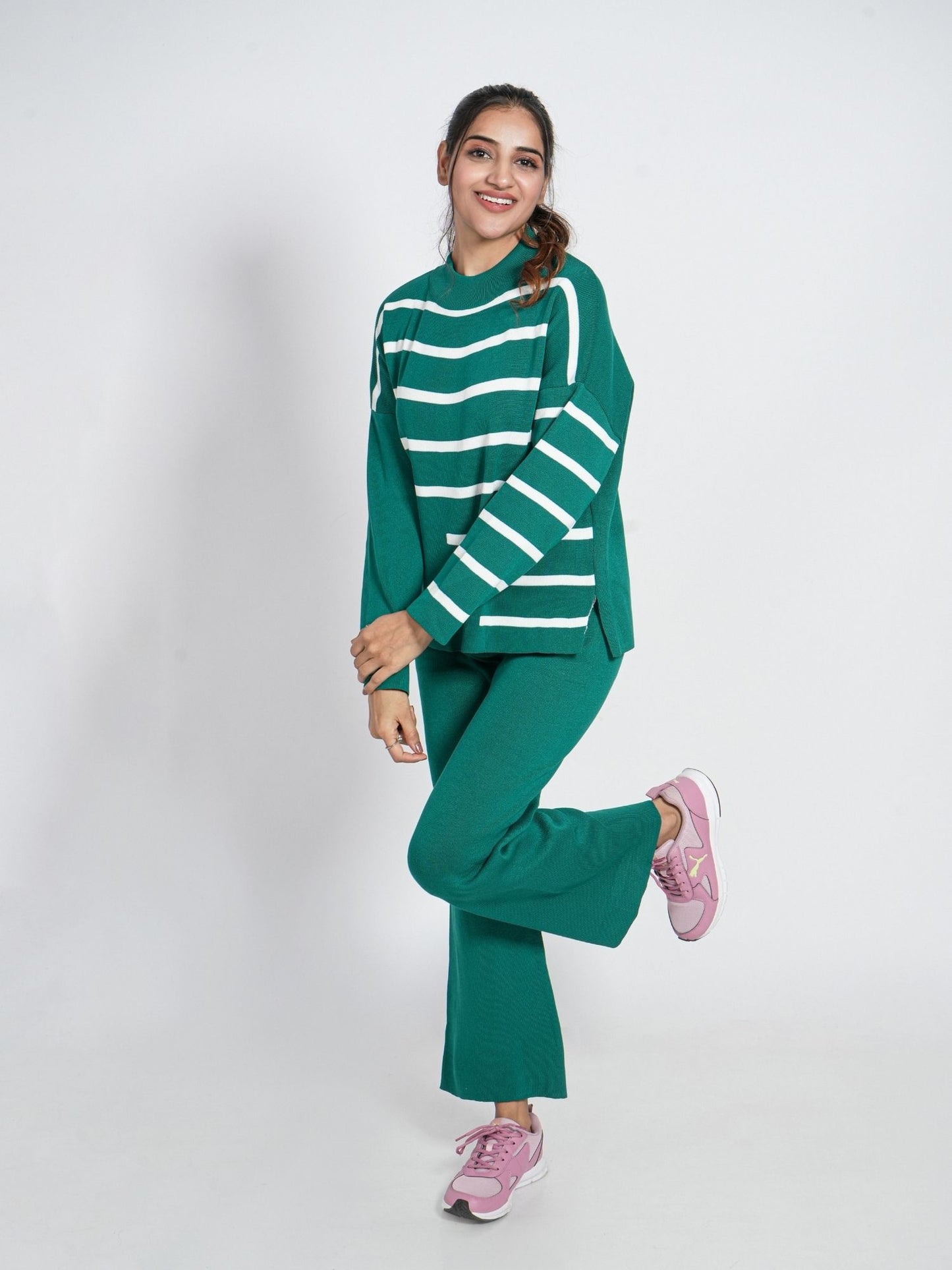 Green Striped Round Neck Set
