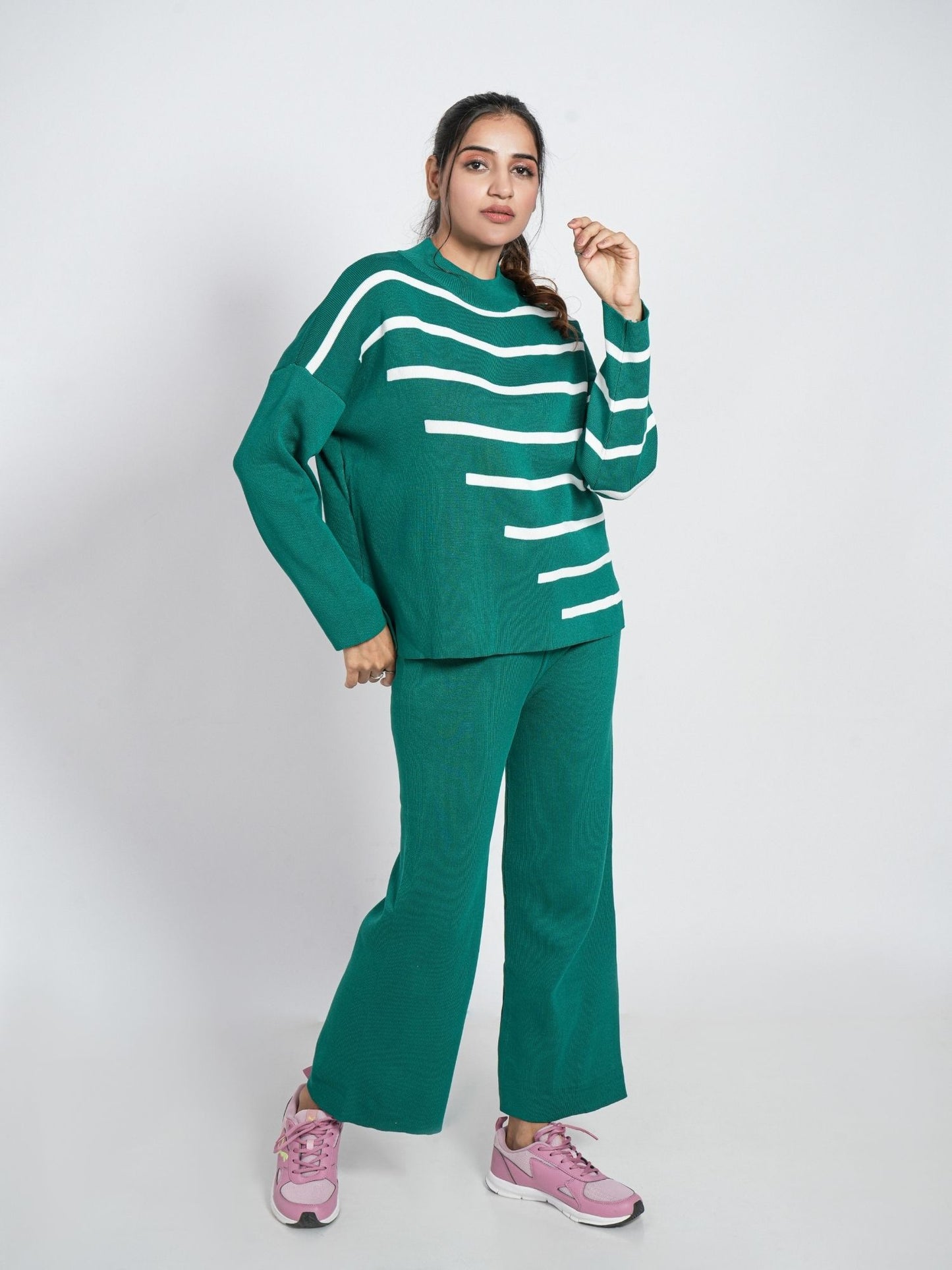 Green Striped Round Neck Set