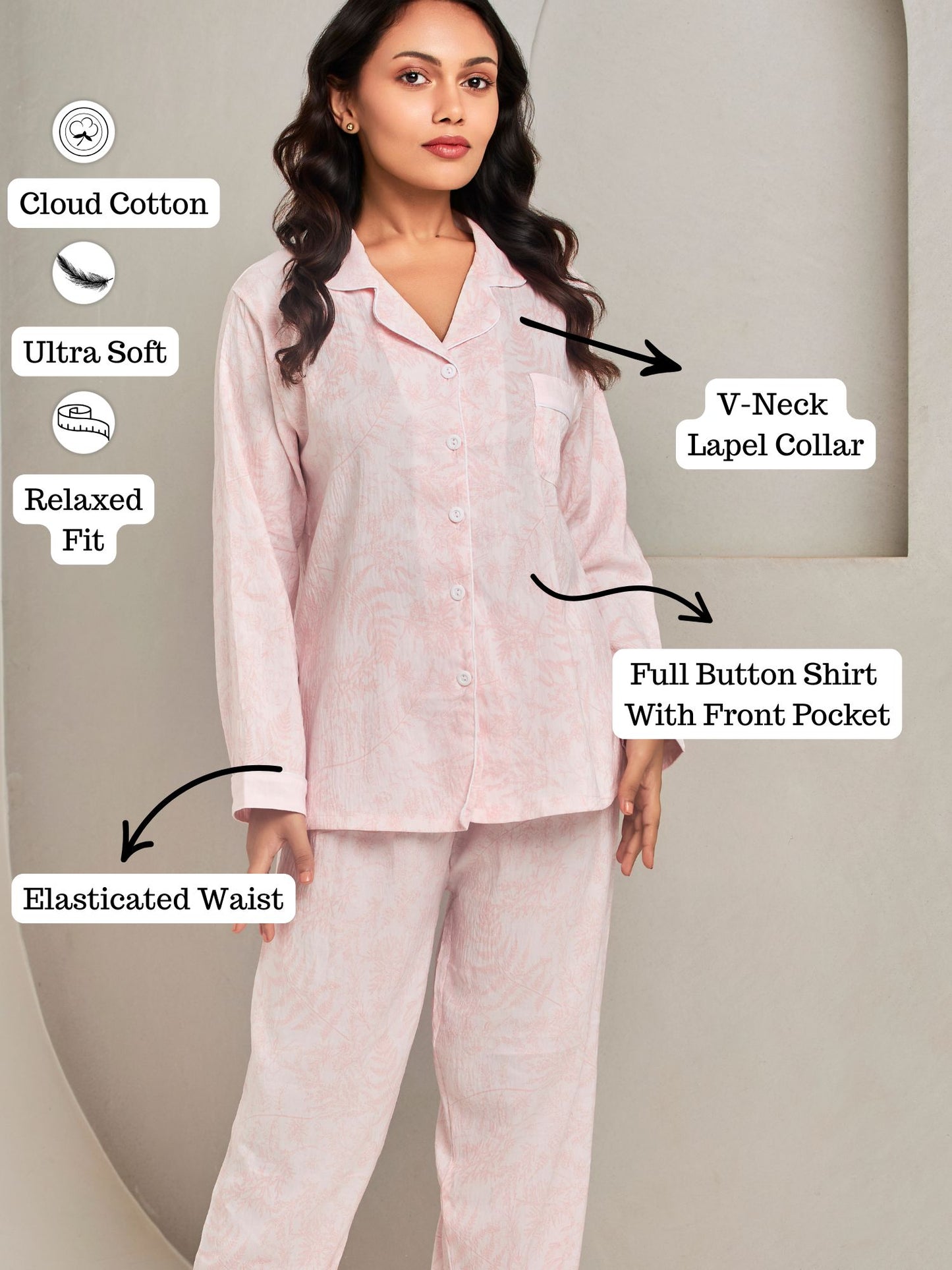 Pink Printed Nightsuit Set For Women