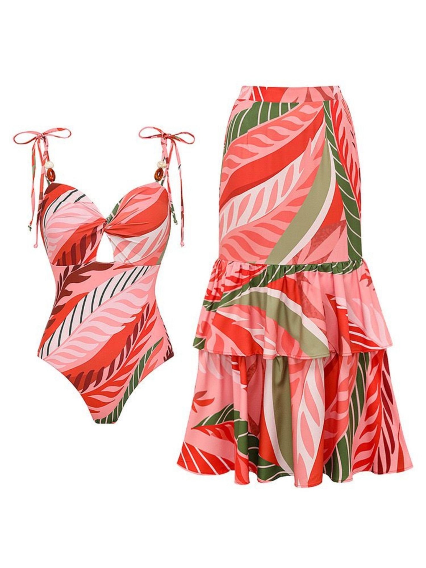 Tropical Red & Green Printed Monokini Set