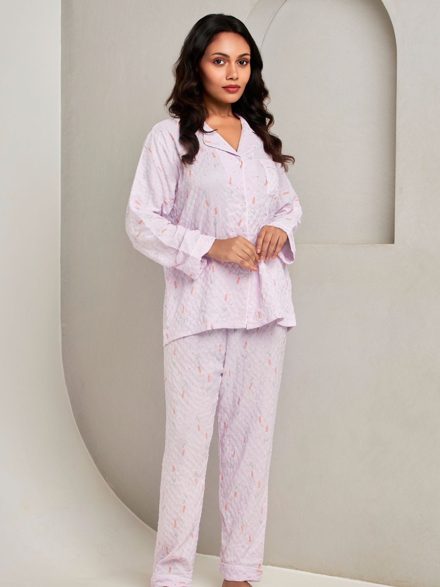 Relaxed Fit Cotton Shirt and Pant Sleepwear Set For Women