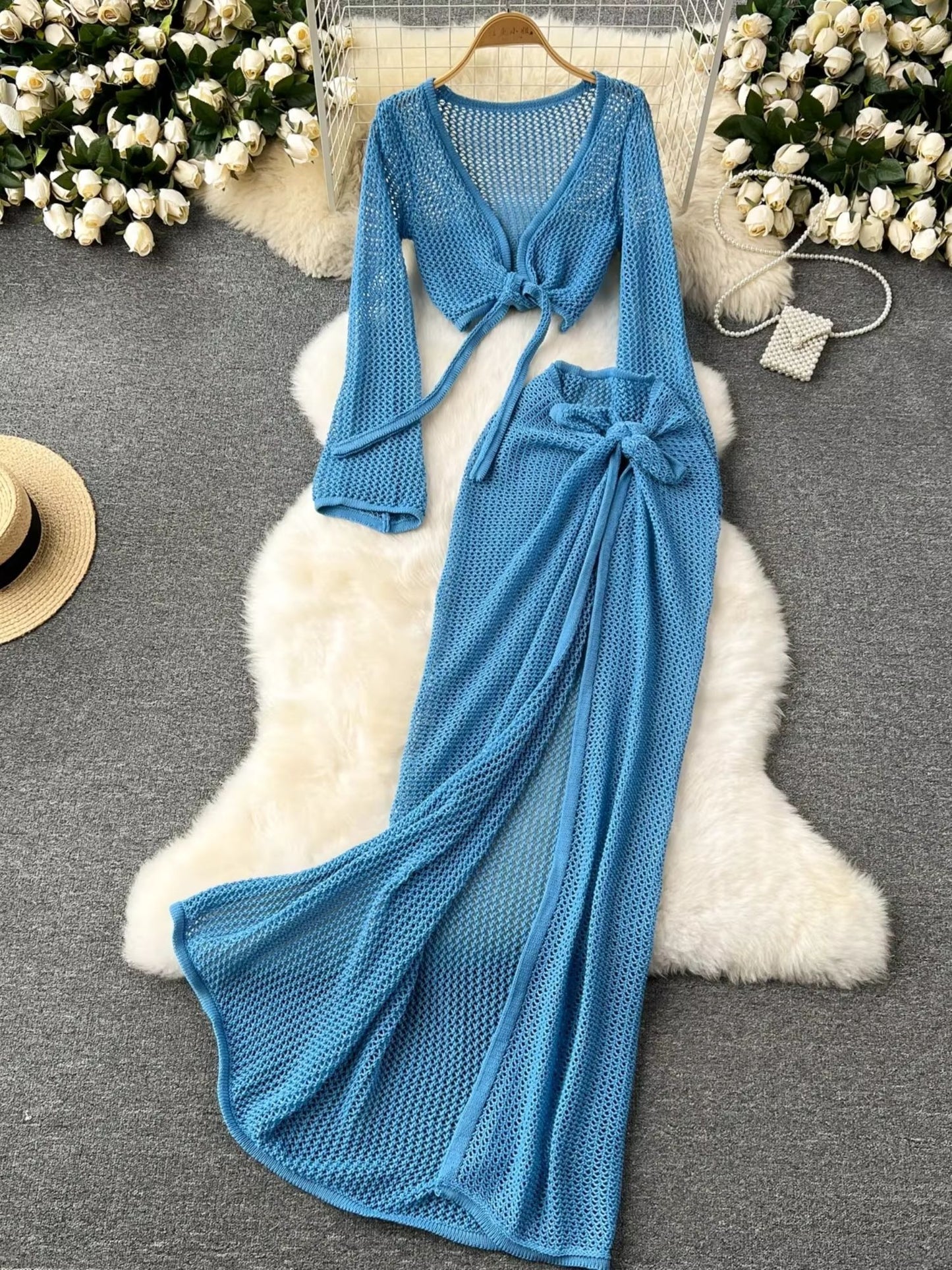 Blue Crochet Knit Beach Cover-Up Set