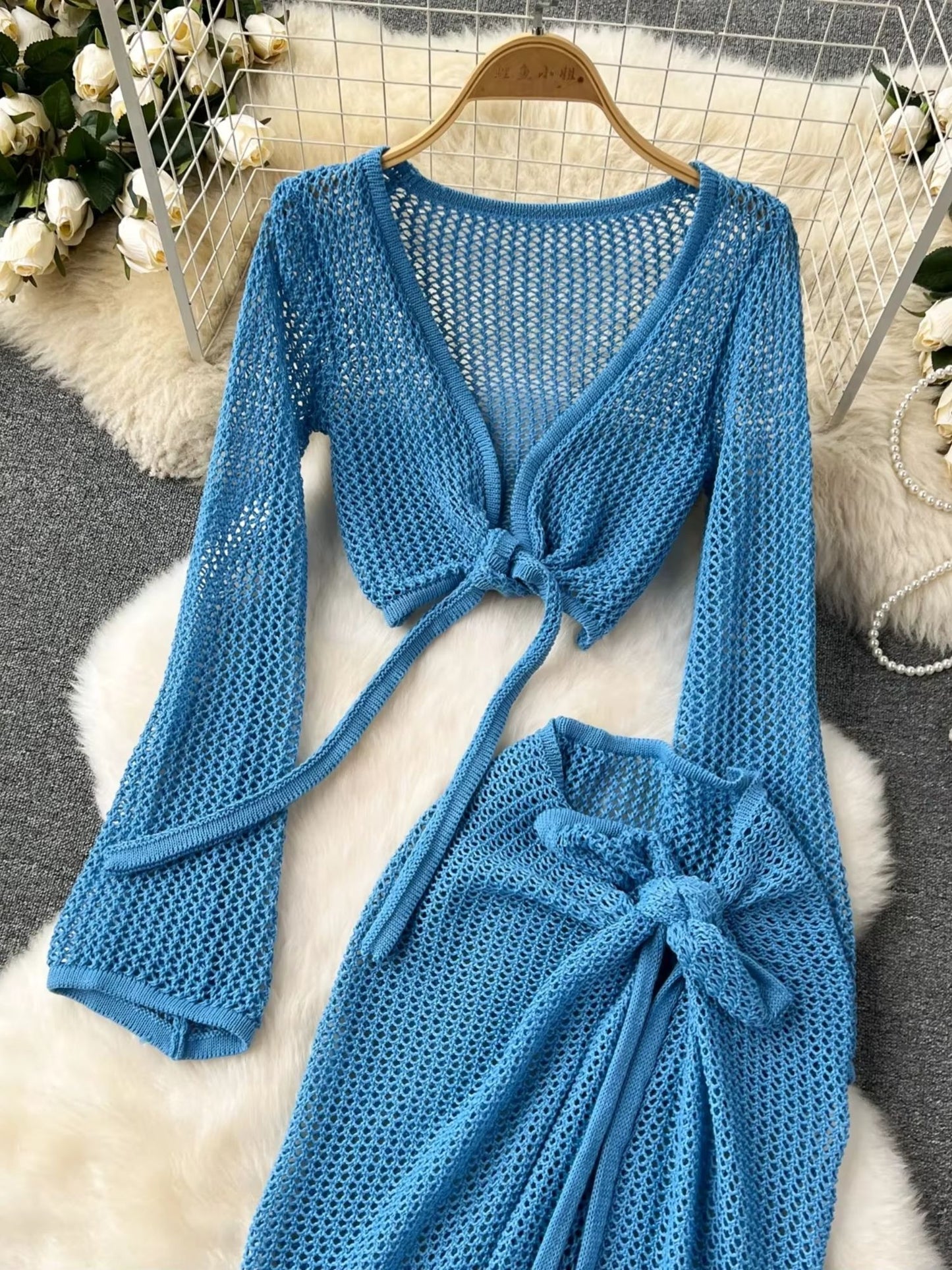 Blue Crochet Knit Beach Cover-Up Set