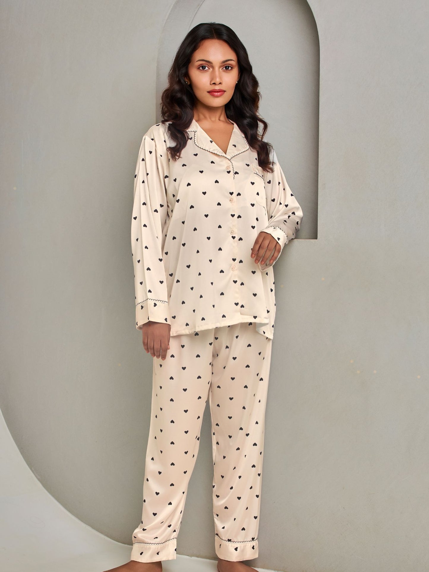 Soft Silk Cream Printed Loungewear Set