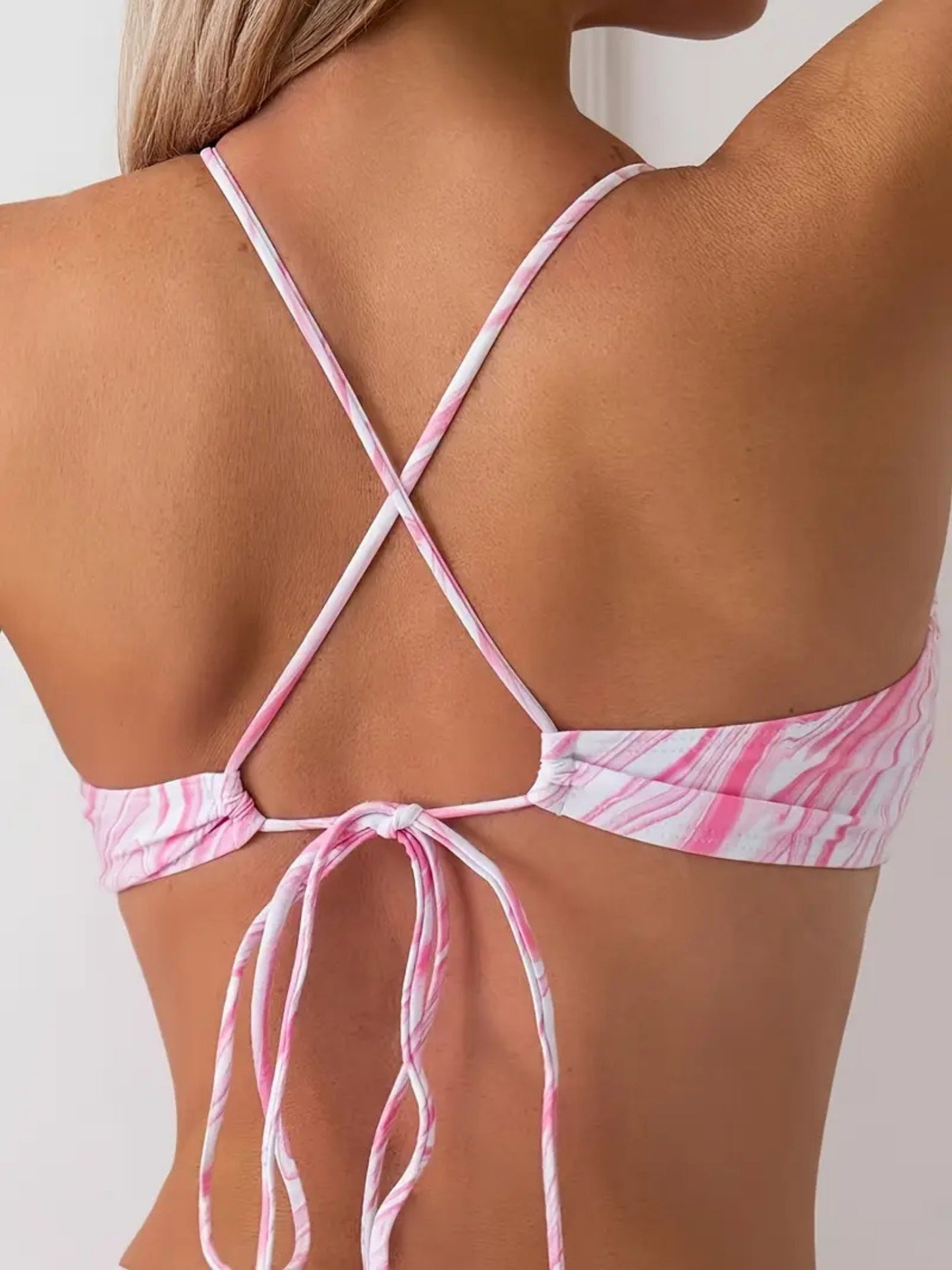 Pink Marble Keyhole Bikini Set With Back Tie Up