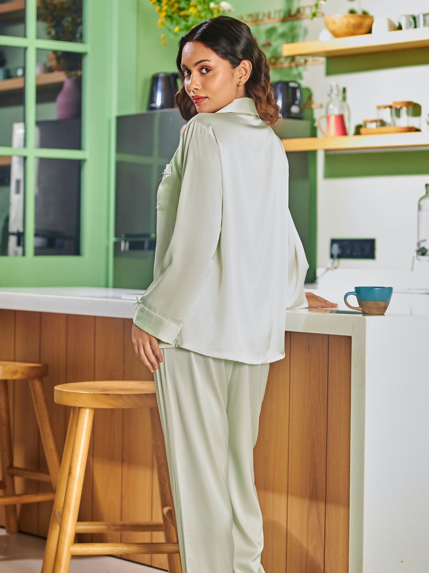 Green Solid Relaxed Fit Sleepwear Set For Women