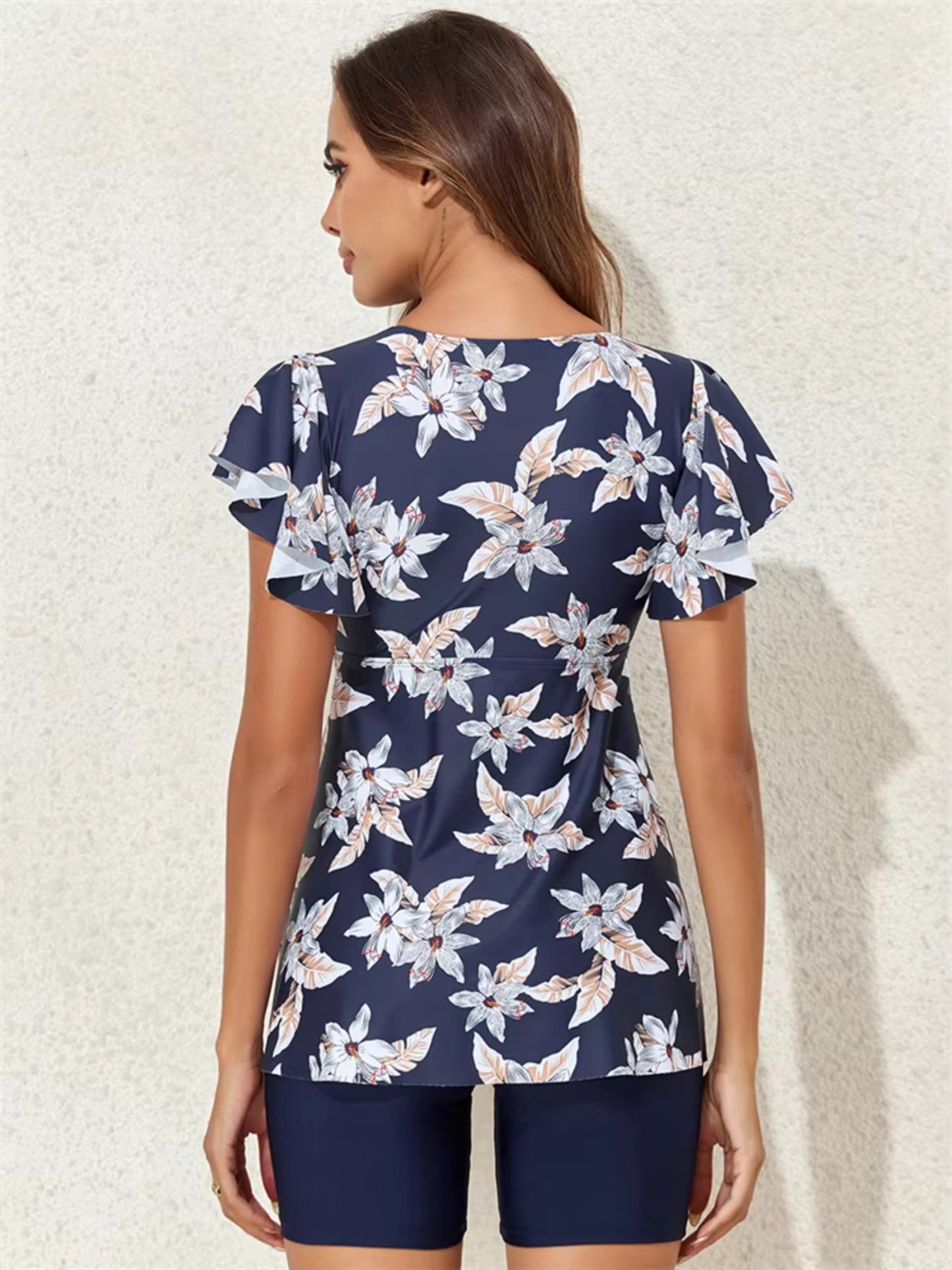 Floral Blue Ruched Swim Top & Shorts Set For Women
