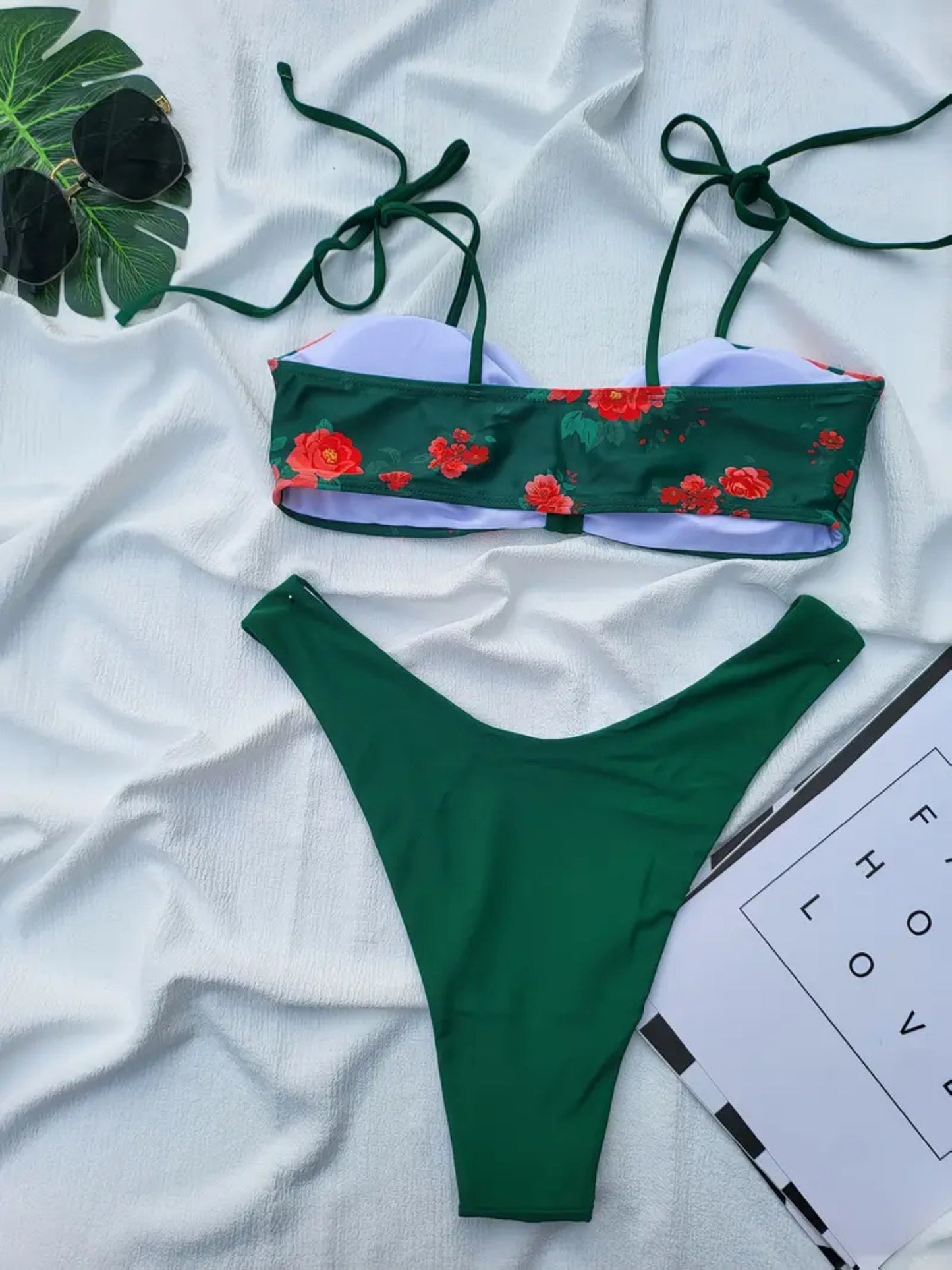 Green Floral Tie-Strap Bikini Set