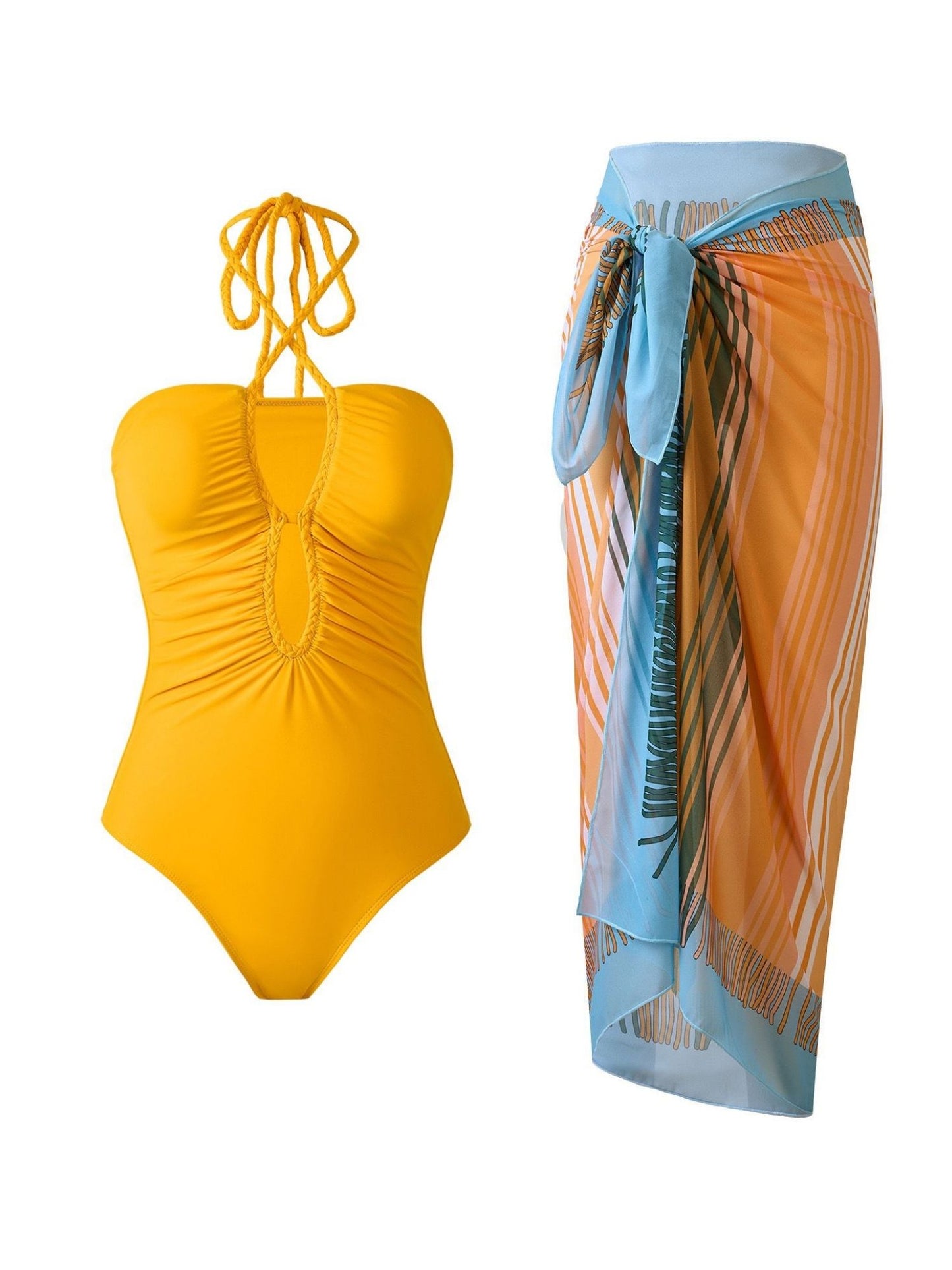 Yellow Halter Neck Monokini with Sarong
