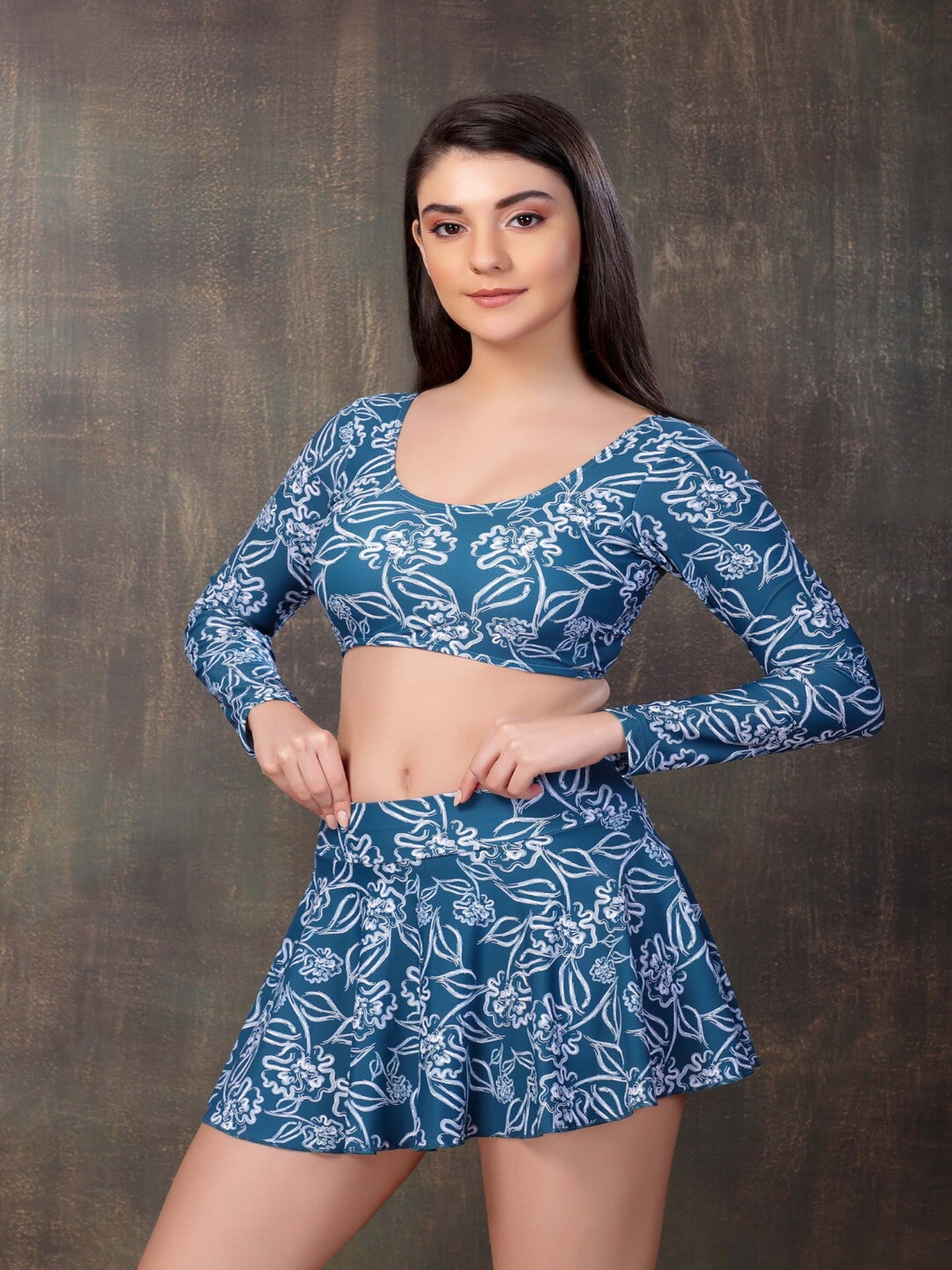 Nautical Bloom Long-Sleeve Swim Set with Skirted Bottom