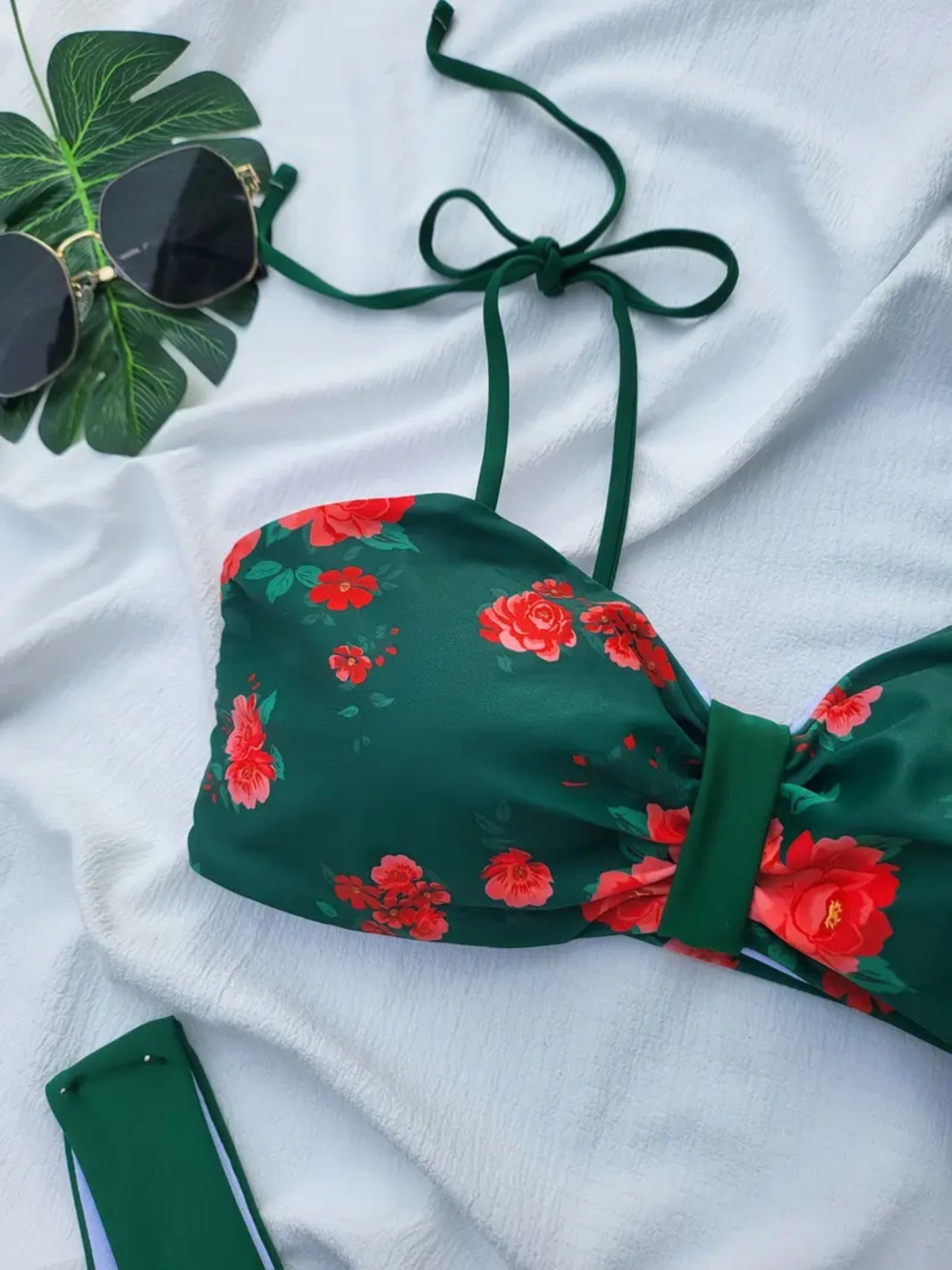 Green Floral Tie-Strap Bikini Set