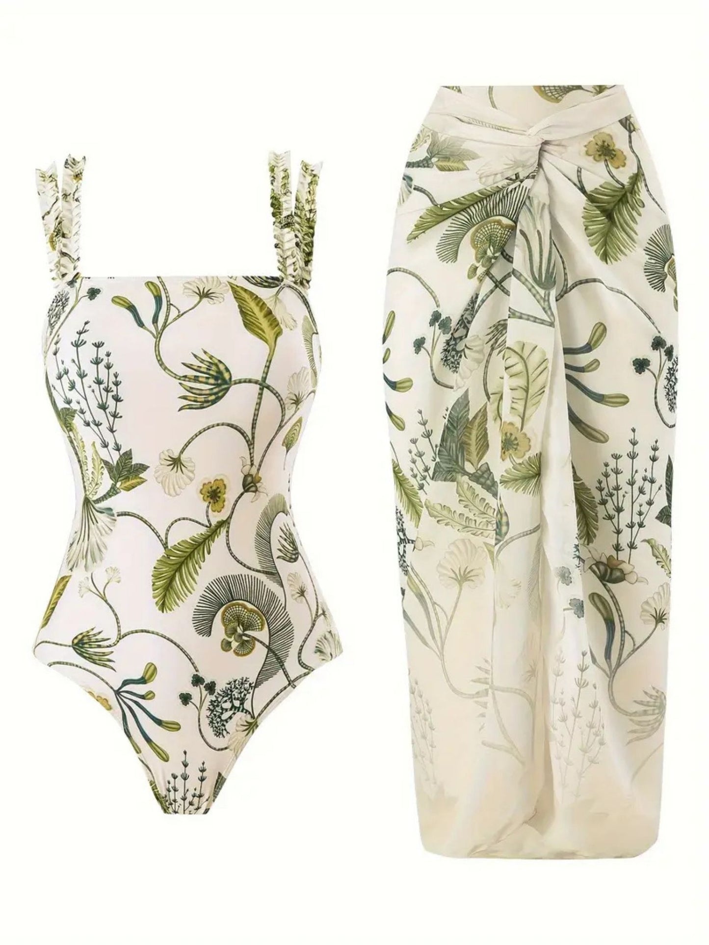 Tropical Green Leaf Print Monokini with Sarong