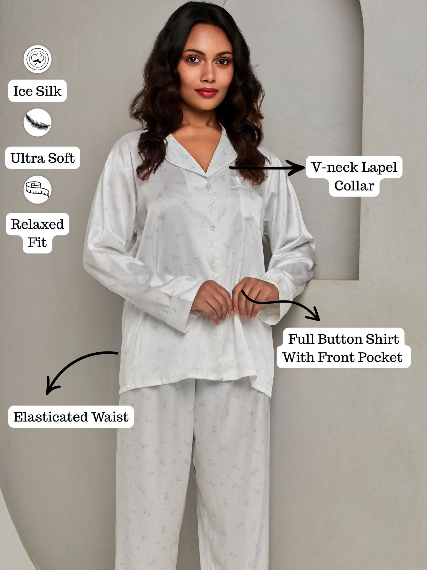 White Ice Silk Soft Shirt and Pants Sleepwear Set