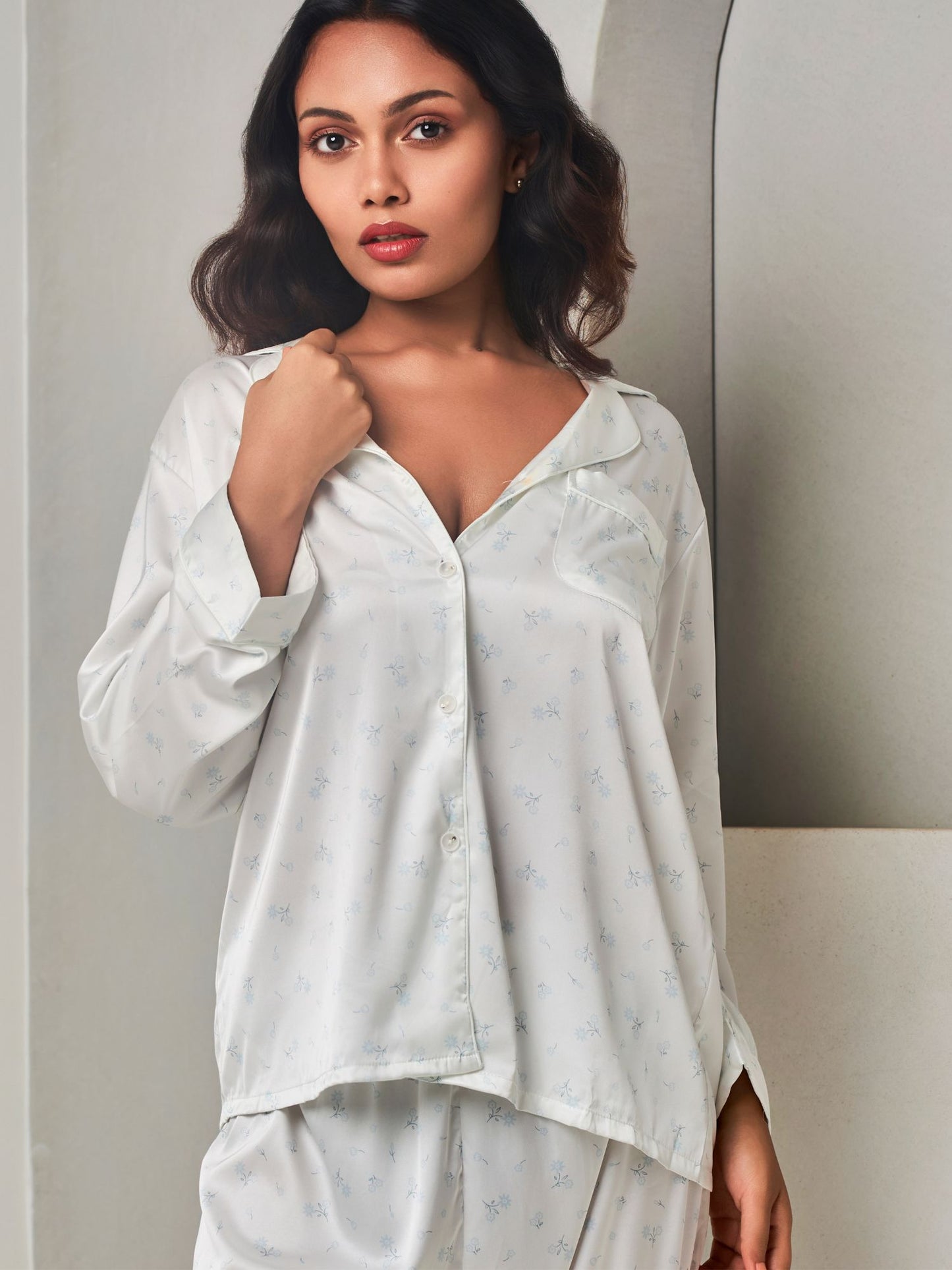 White Ice Silk Soft Shirt and Pants Sleepwear Set