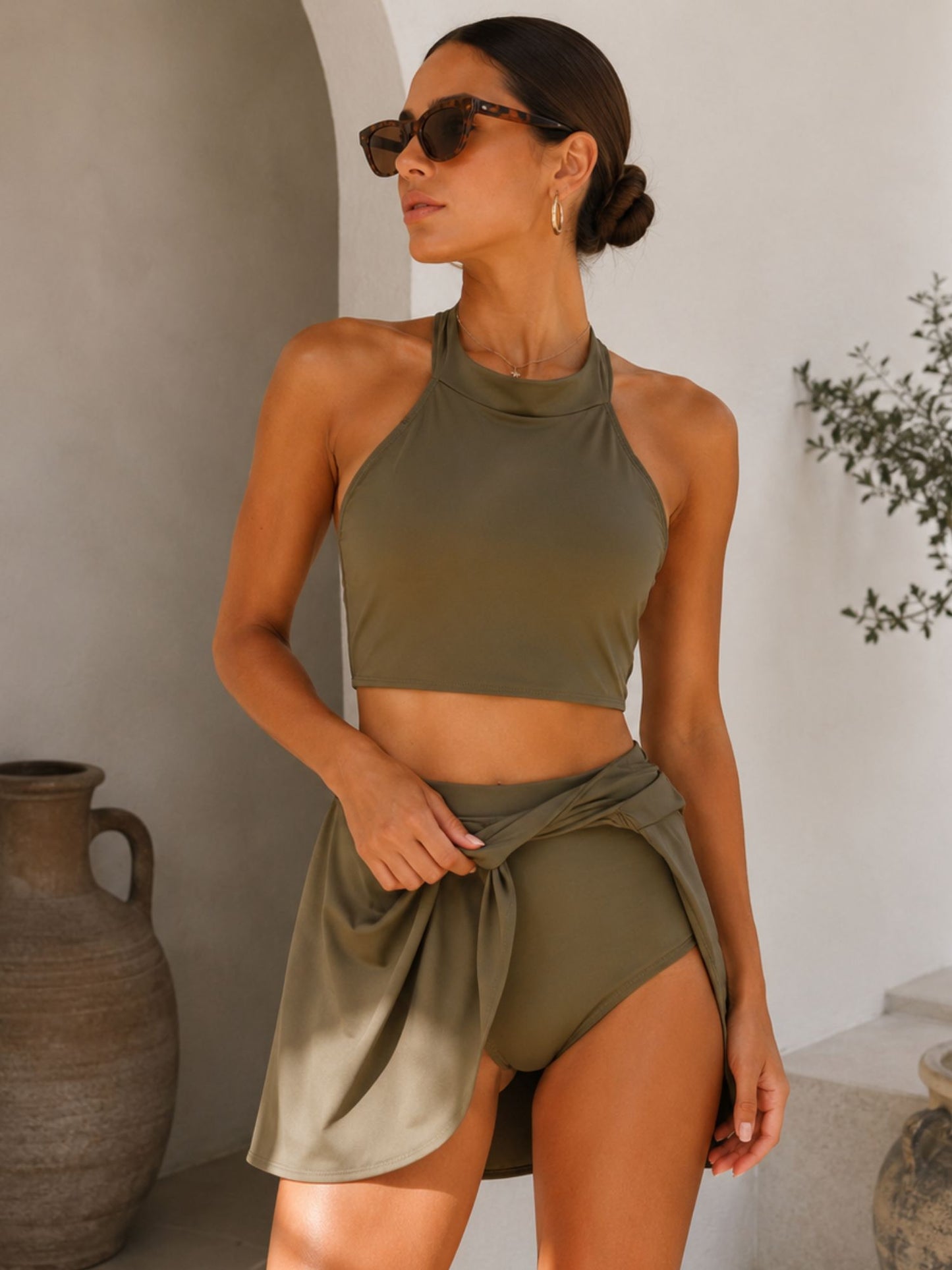 Olive Green Halter Skirted Swimsuit Set