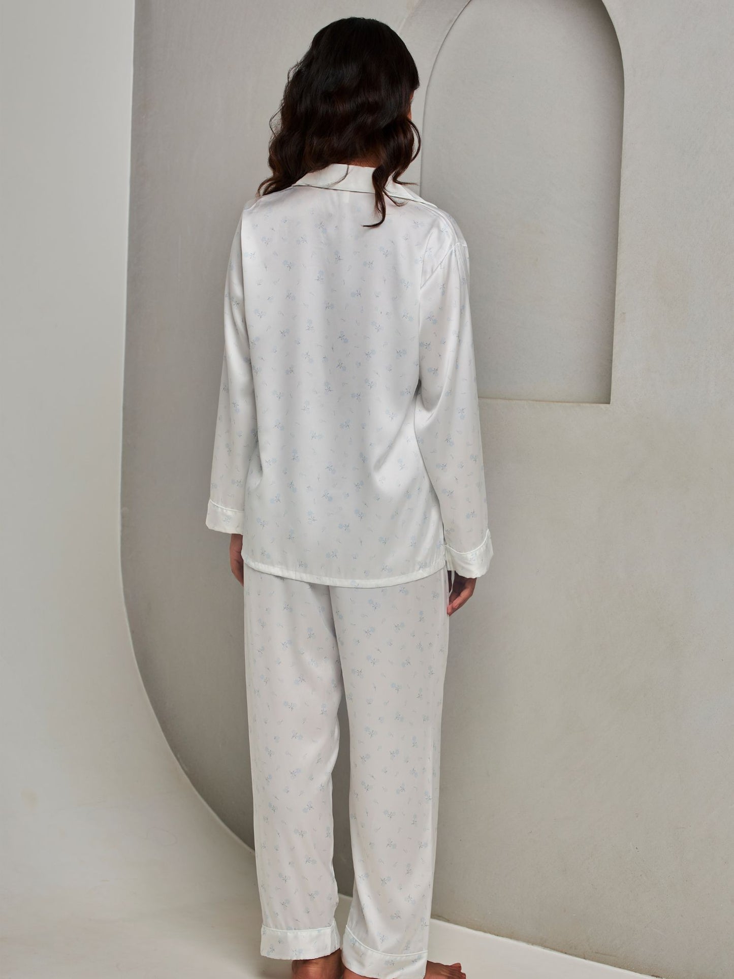 White Ice Silk Soft Shirt and Pants Sleepwear Set