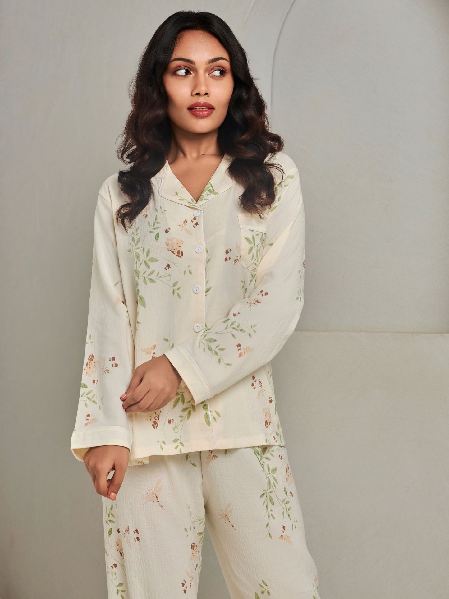 Subtle Beige Floral Printed Pajama Set For Women