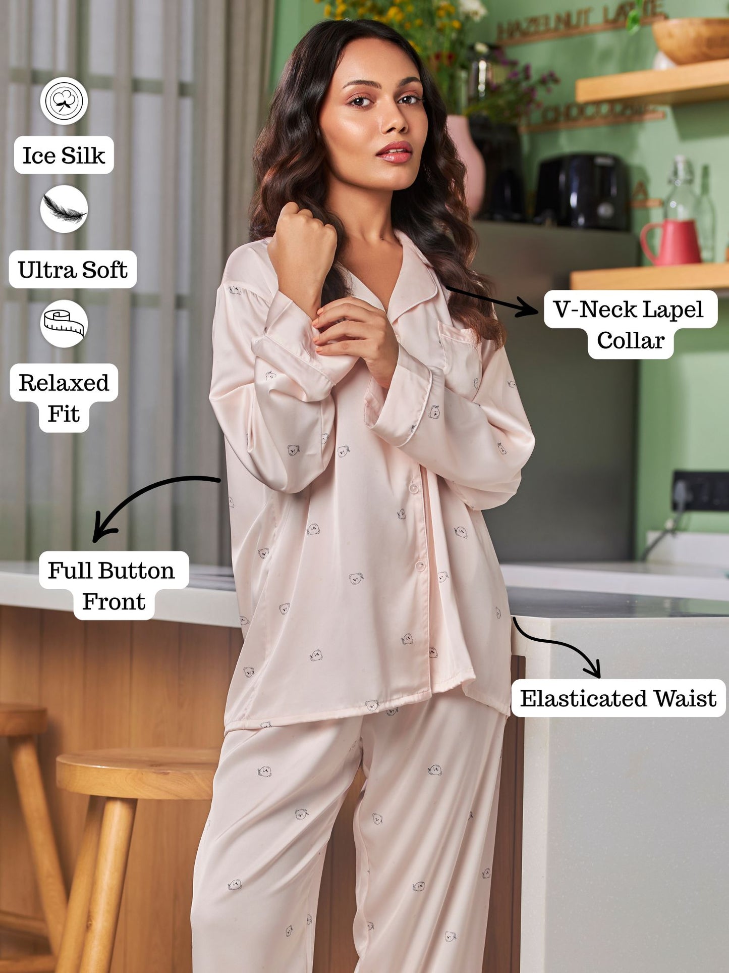 Ultra Soft Ice Silk Sleepwear Set For Women In Peach Color