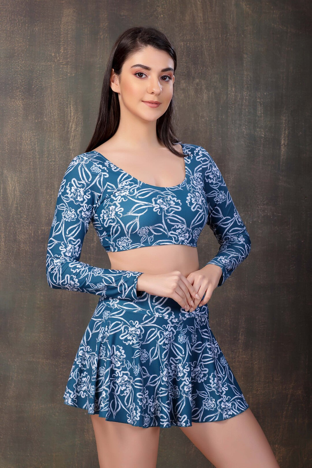 Nautical Bloom Long-Sleeve Swim Set with Skirted Bottom