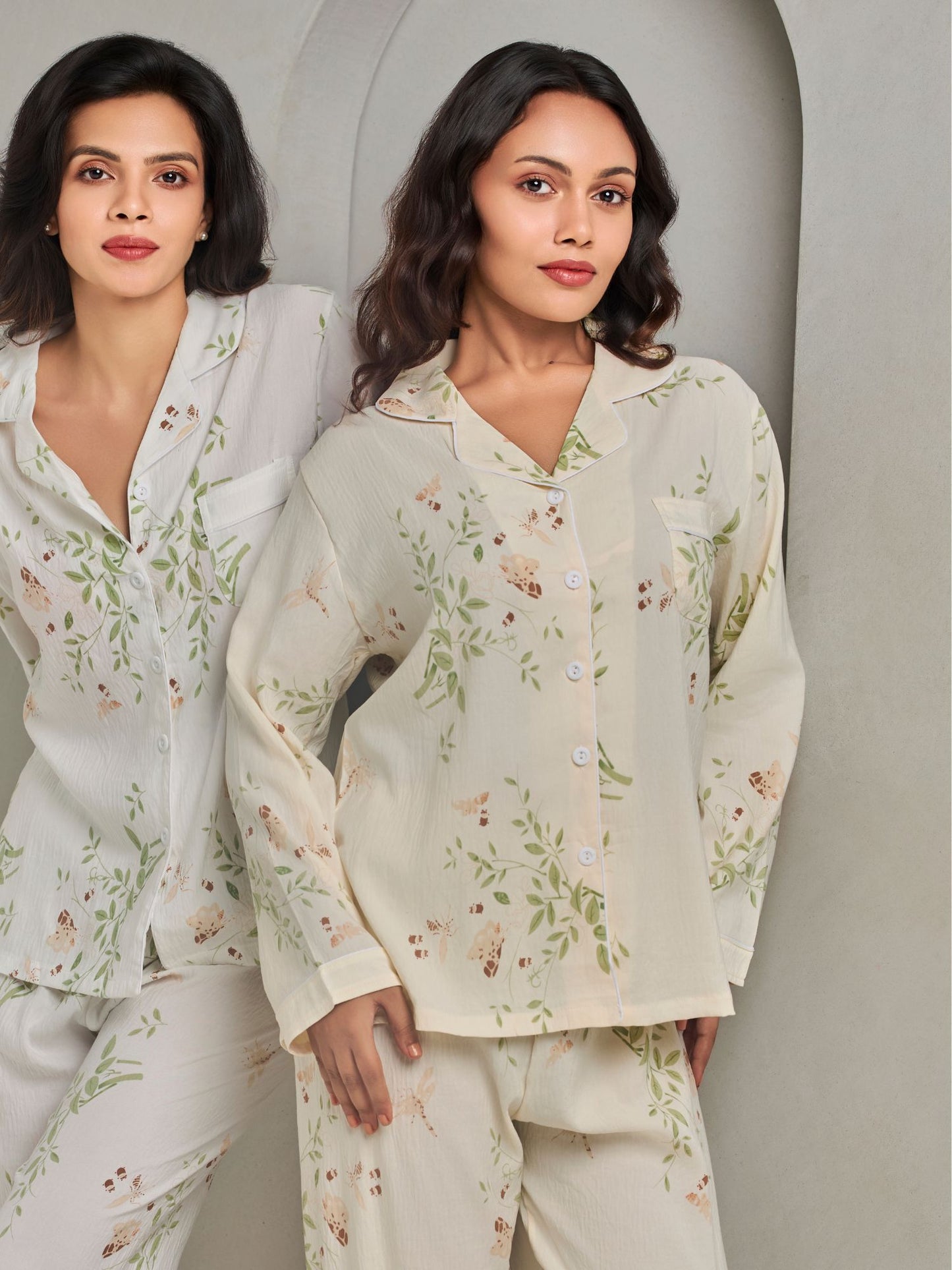 Subtle Beige Floral Printed Pajama Set For Women