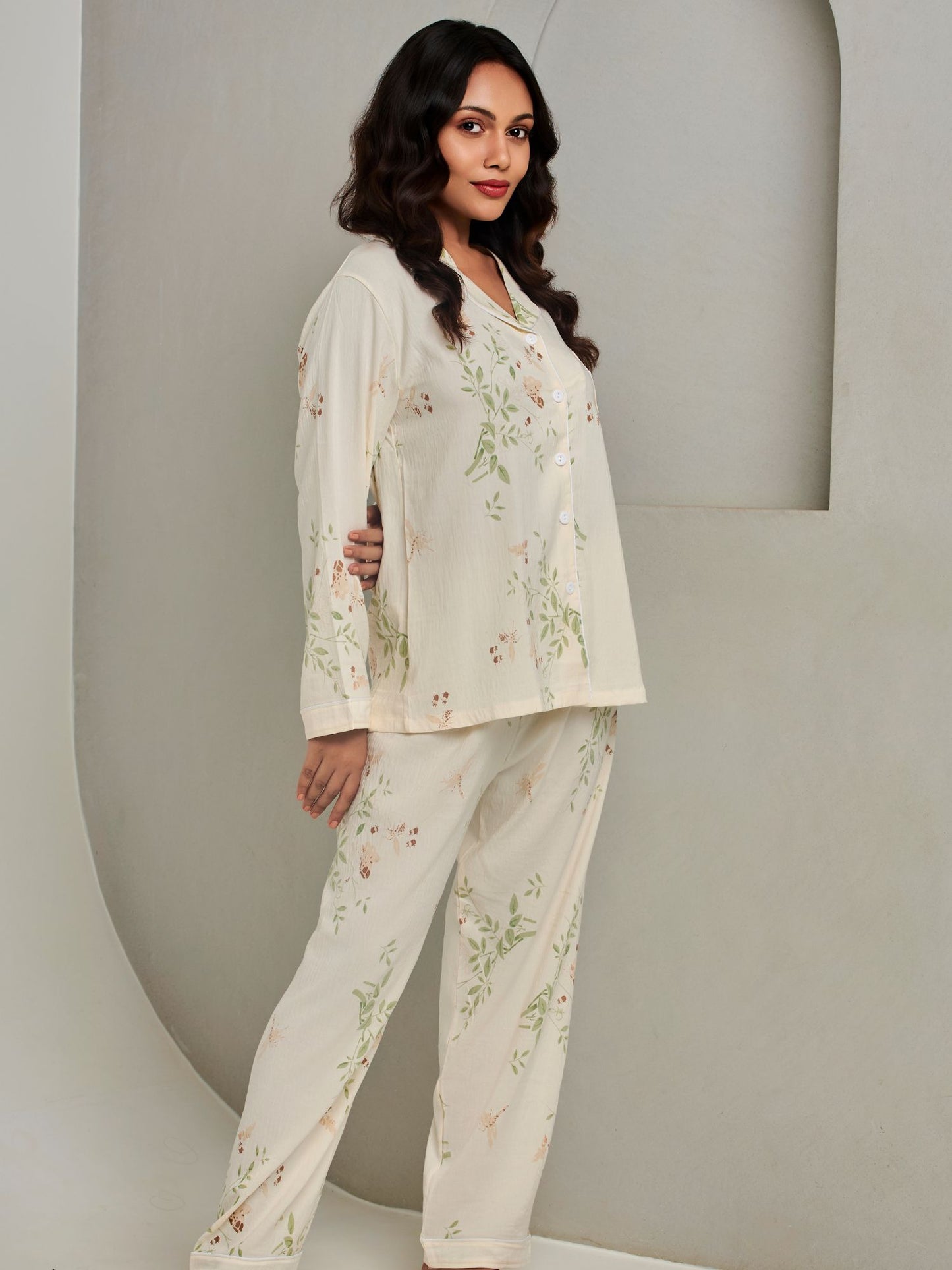 Subtle Beige Floral Printed Pajama Set For Women