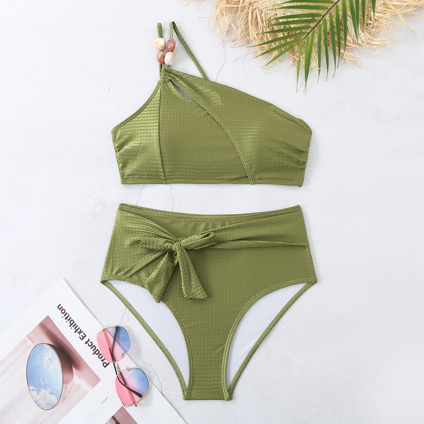 Sage Olive Beaded Bikni Set with Sarong