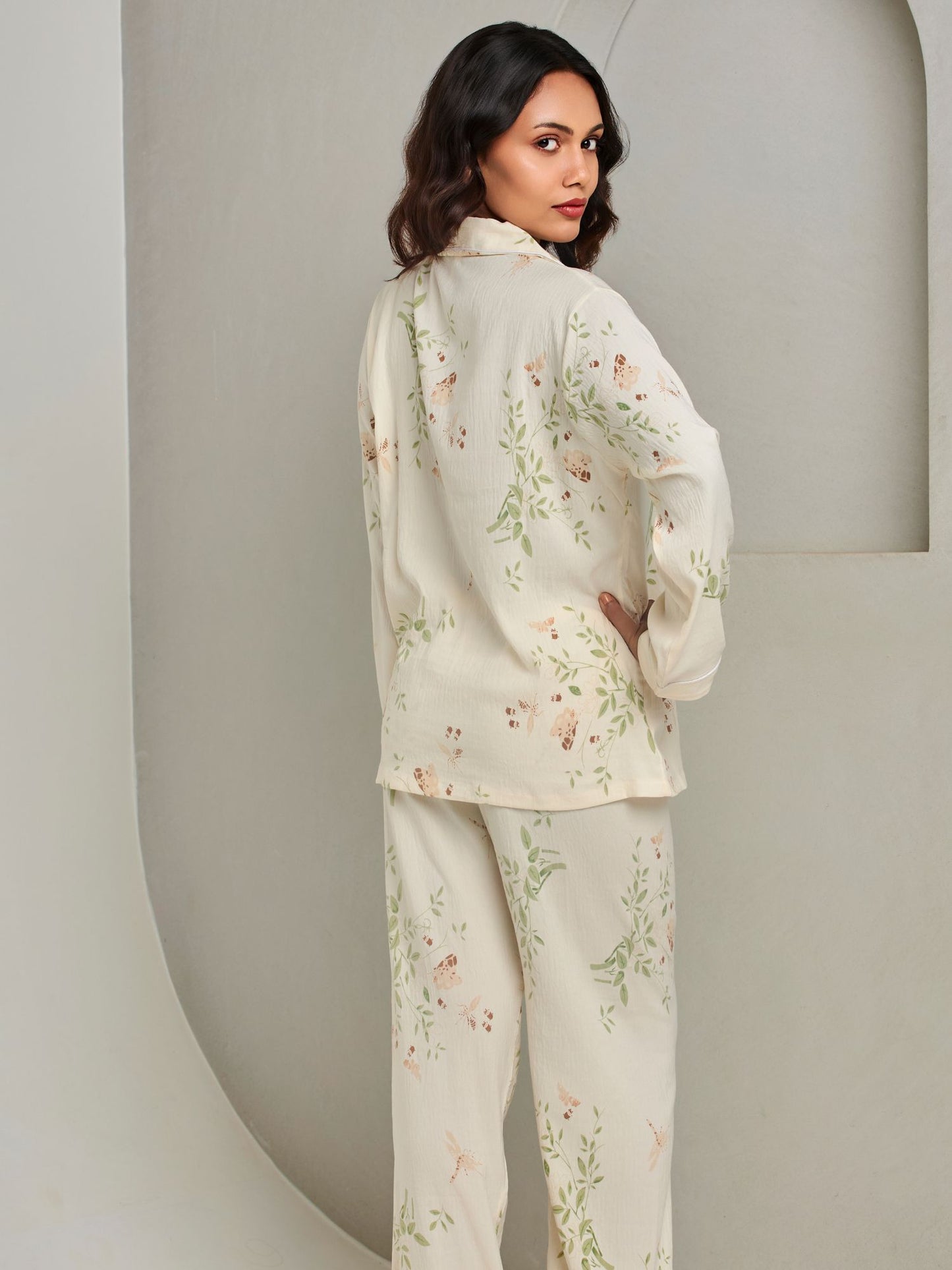Subtle Beige Floral Printed Pajama Set For Women
