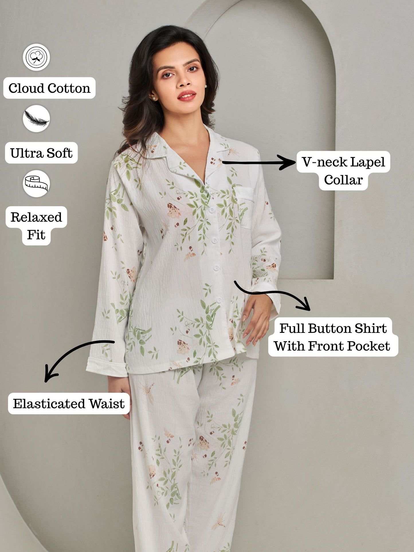 Comfortable Cotton White Sleepwear Set Of Shirt And Pant