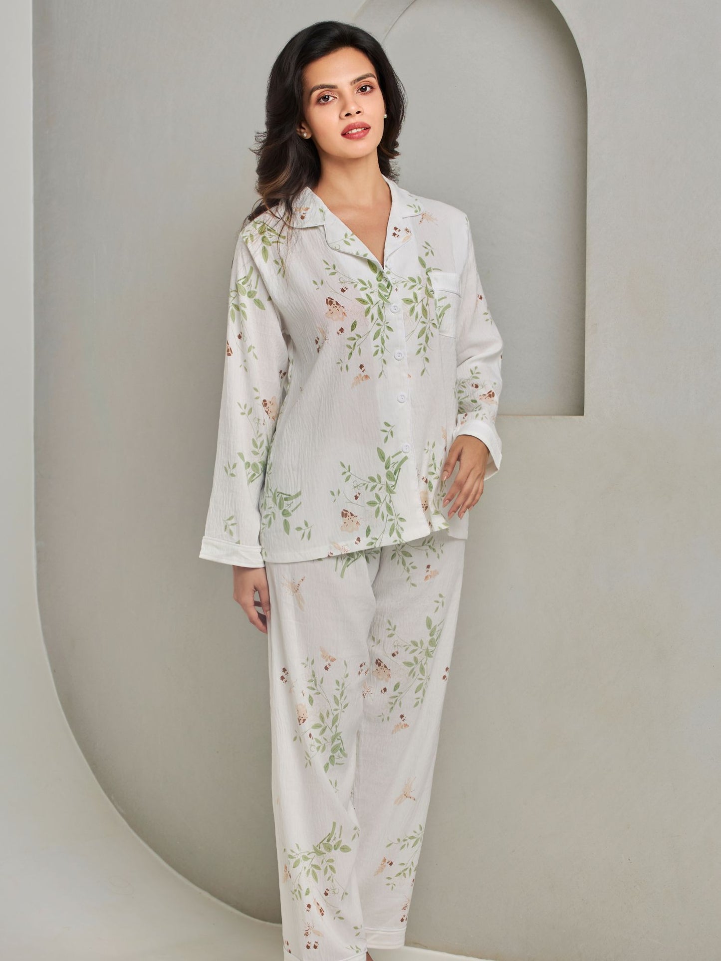 Comfortable Cotton White Sleepwear Set Of Shirt And Pant