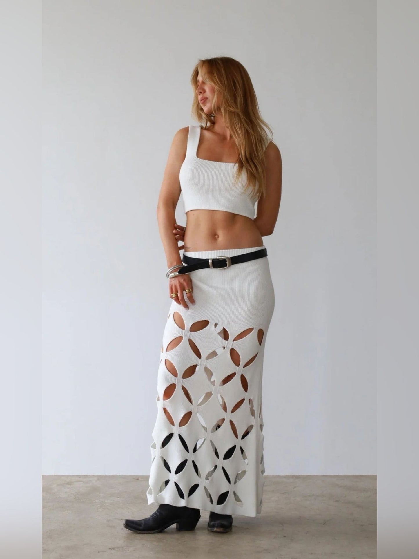 Chic White Cut-Out Maxi Skirt with Crop Top