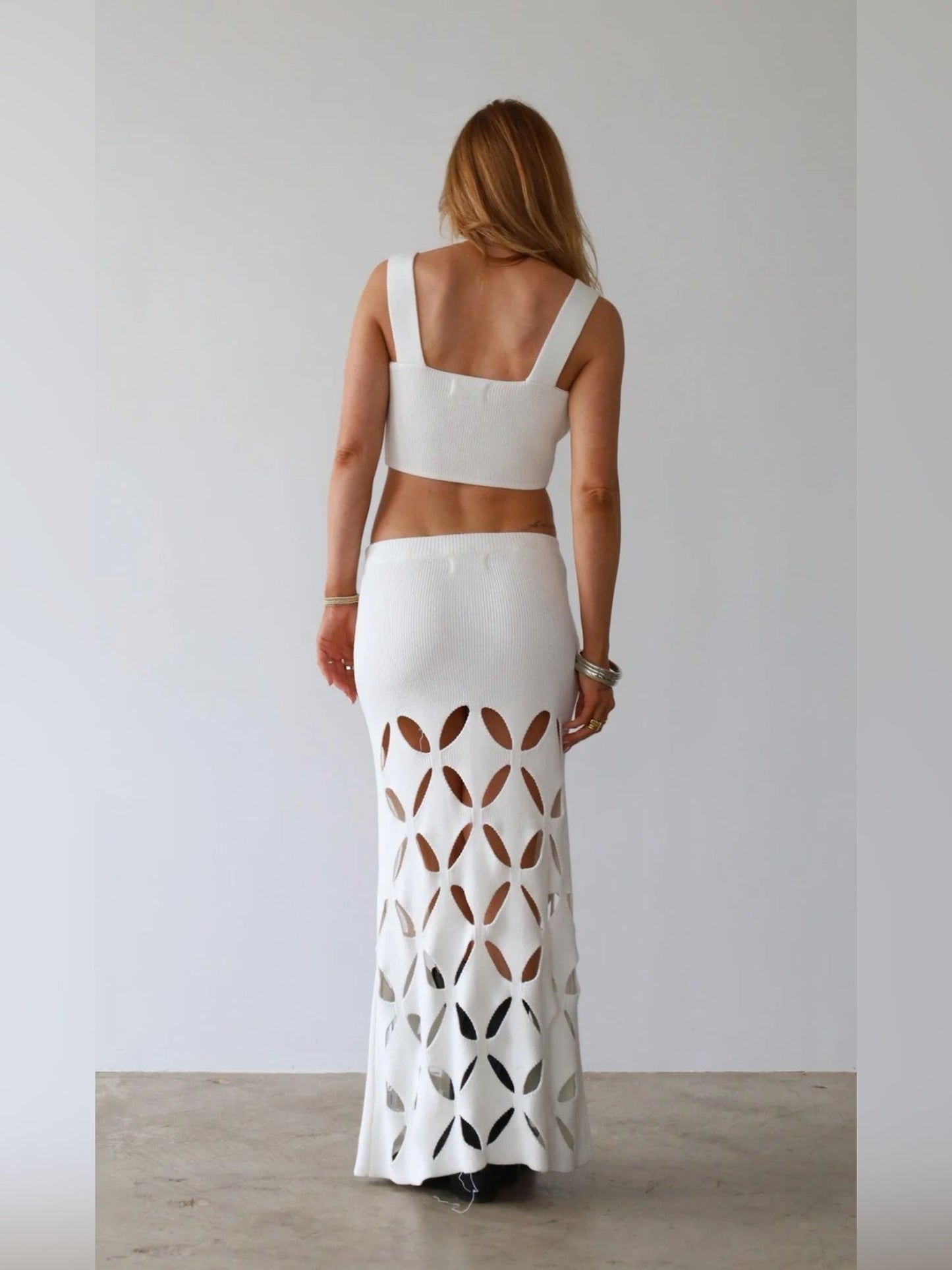 Chic White Cut-Out Maxi Skirt with Crop Top