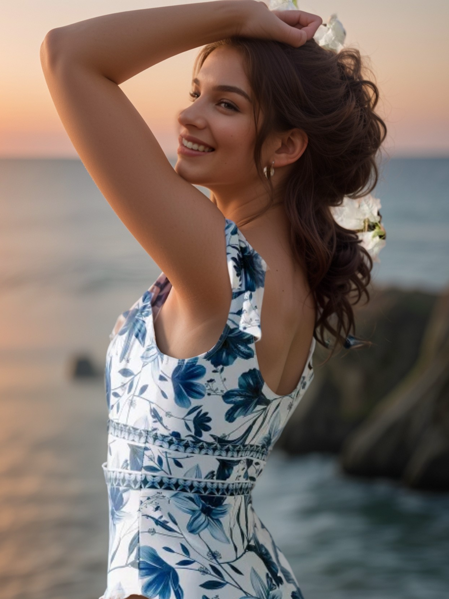Blue Floral Deep V-Neck Monokini