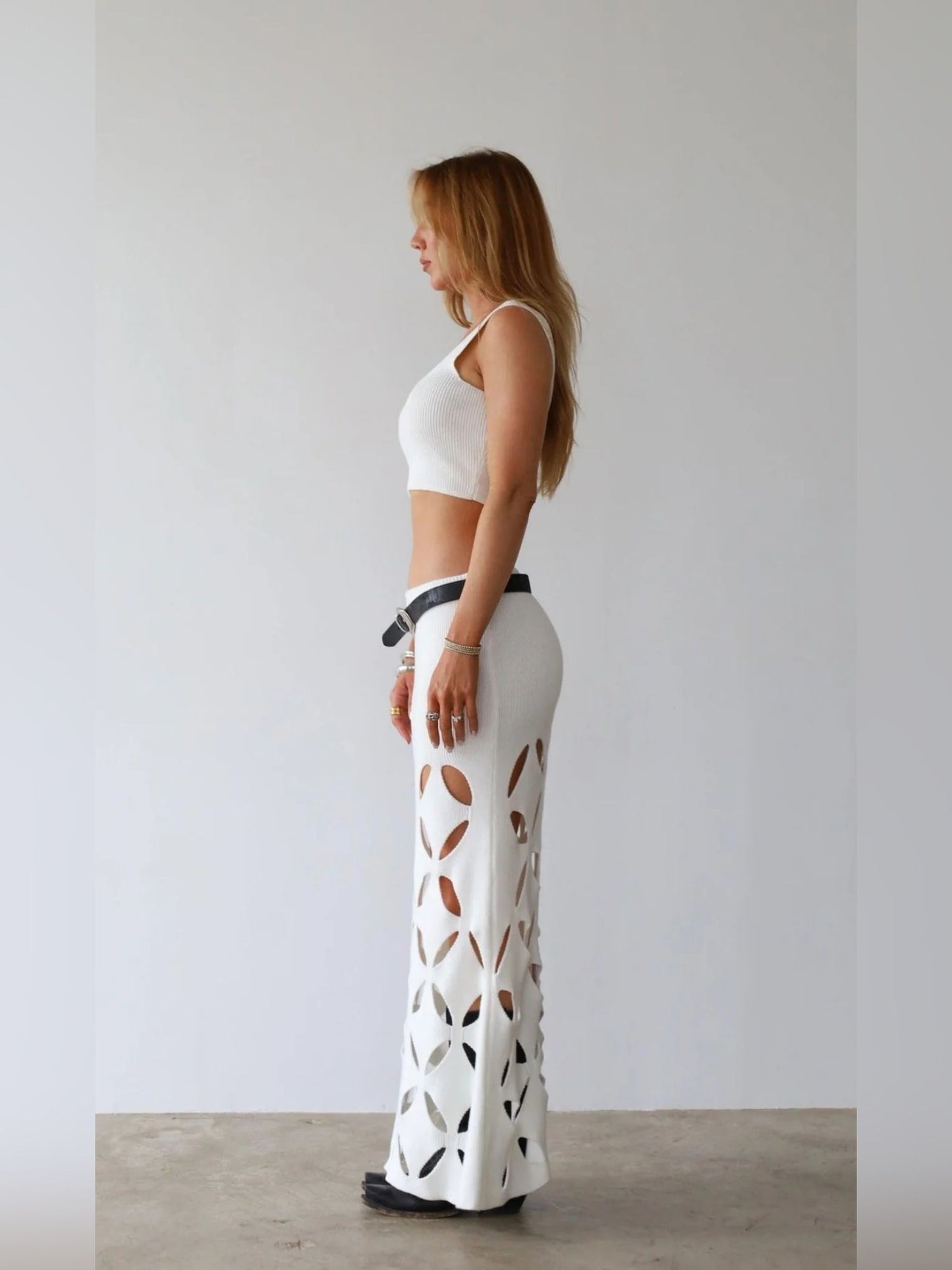 Chic White Cut-Out Maxi Skirt with Crop Top