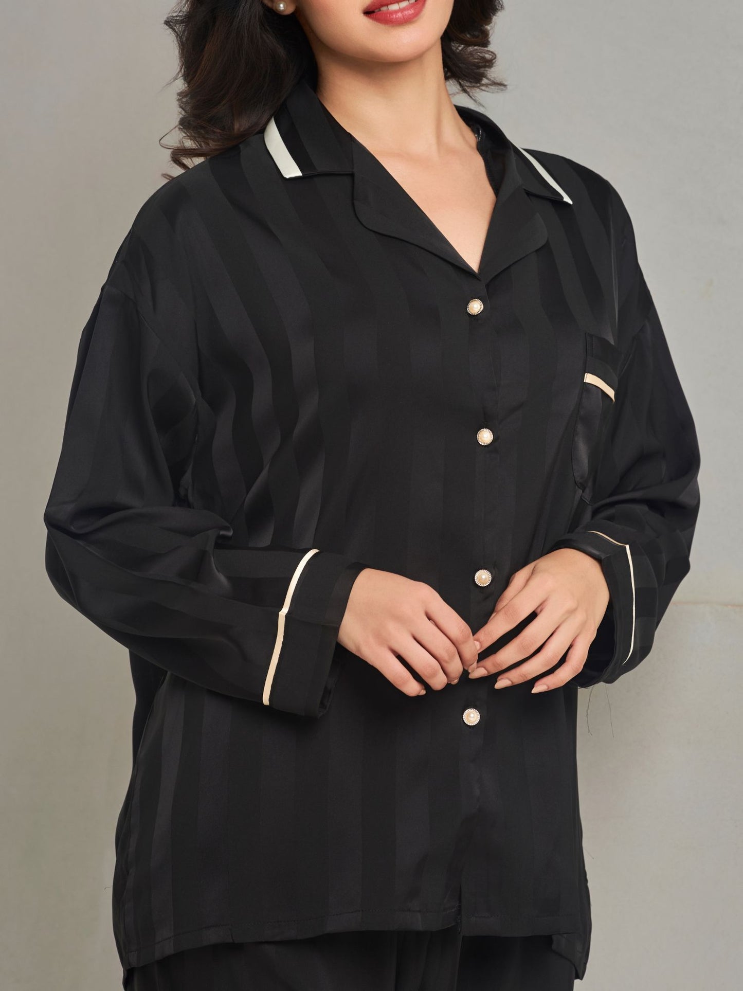 Black Striped Shirt and Pant Style Sleepwear Set