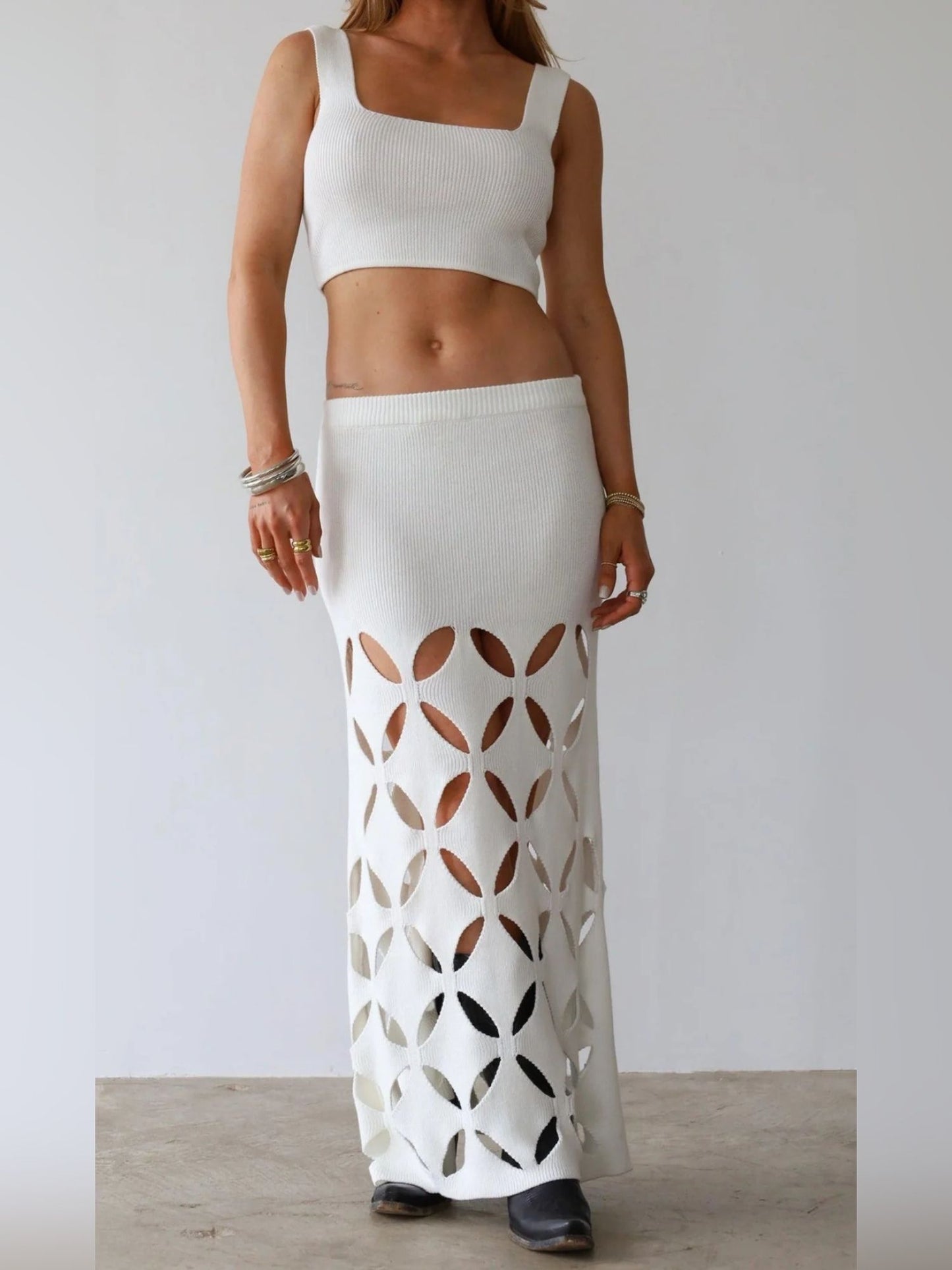 Chic White Cut-Out Maxi Skirt with Crop Top